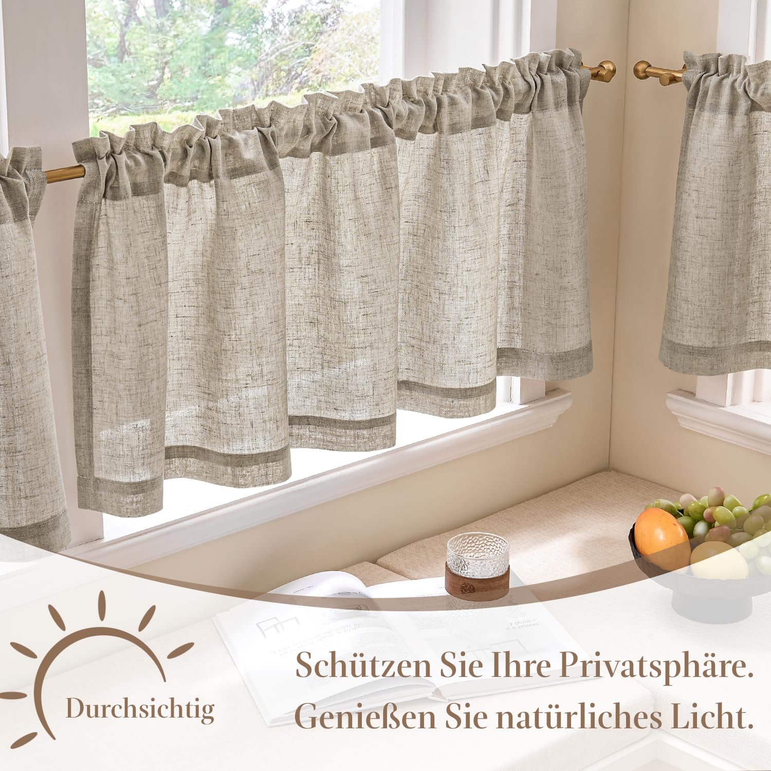 TOPICK Cortinas Cocina Marrón 2 Paneles 90An x 90Al cm, Lino Bolsillo Barra