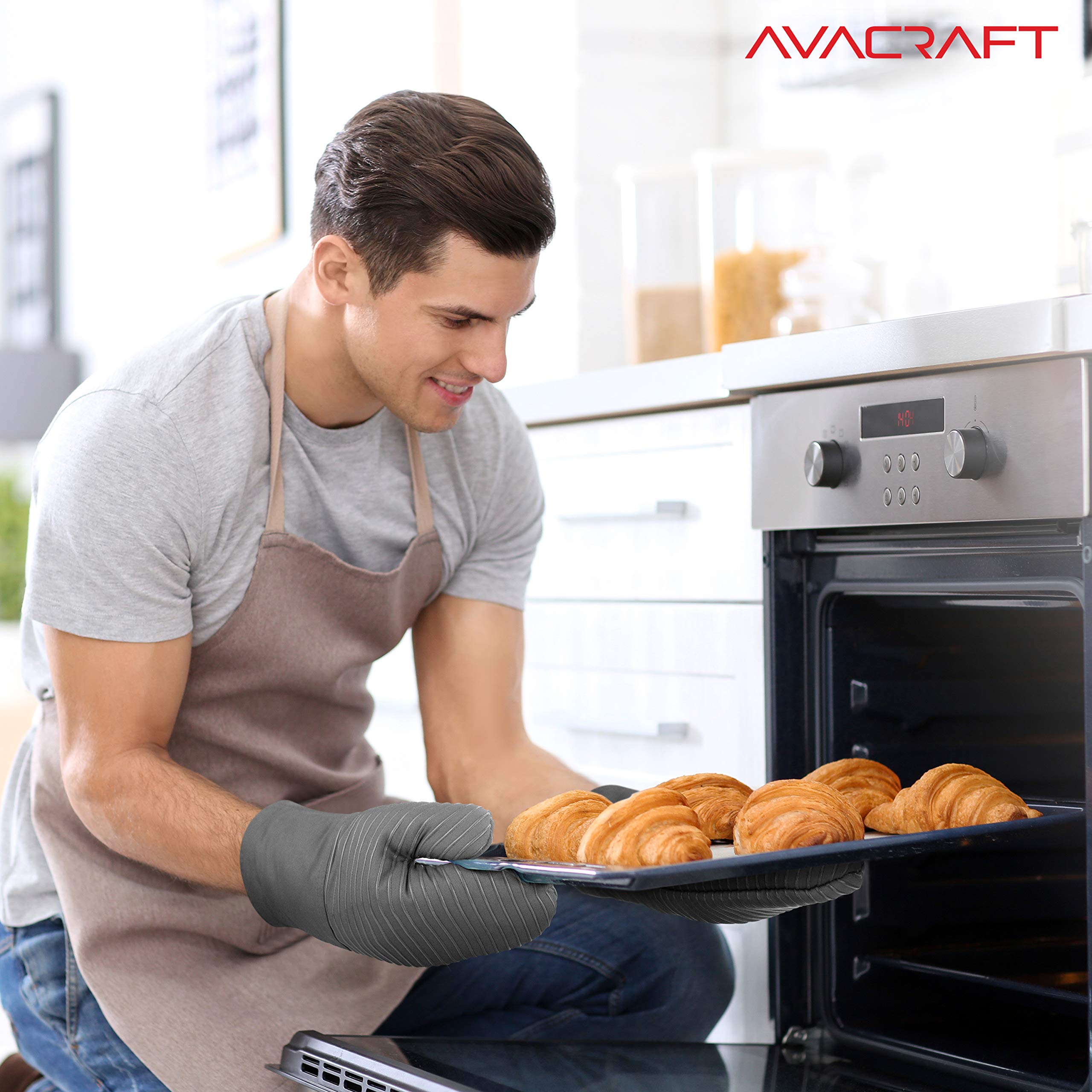 AVACRAFT Ofenhandschuhe, flexibel, 100 % Baumwolle mit einzigartigem, hitzebeständigem Silikon in Lebensmittelqualität, dicke Frottee-Innenseite, 250 °C hitzebeständig (graue Ofenhandschuhe)