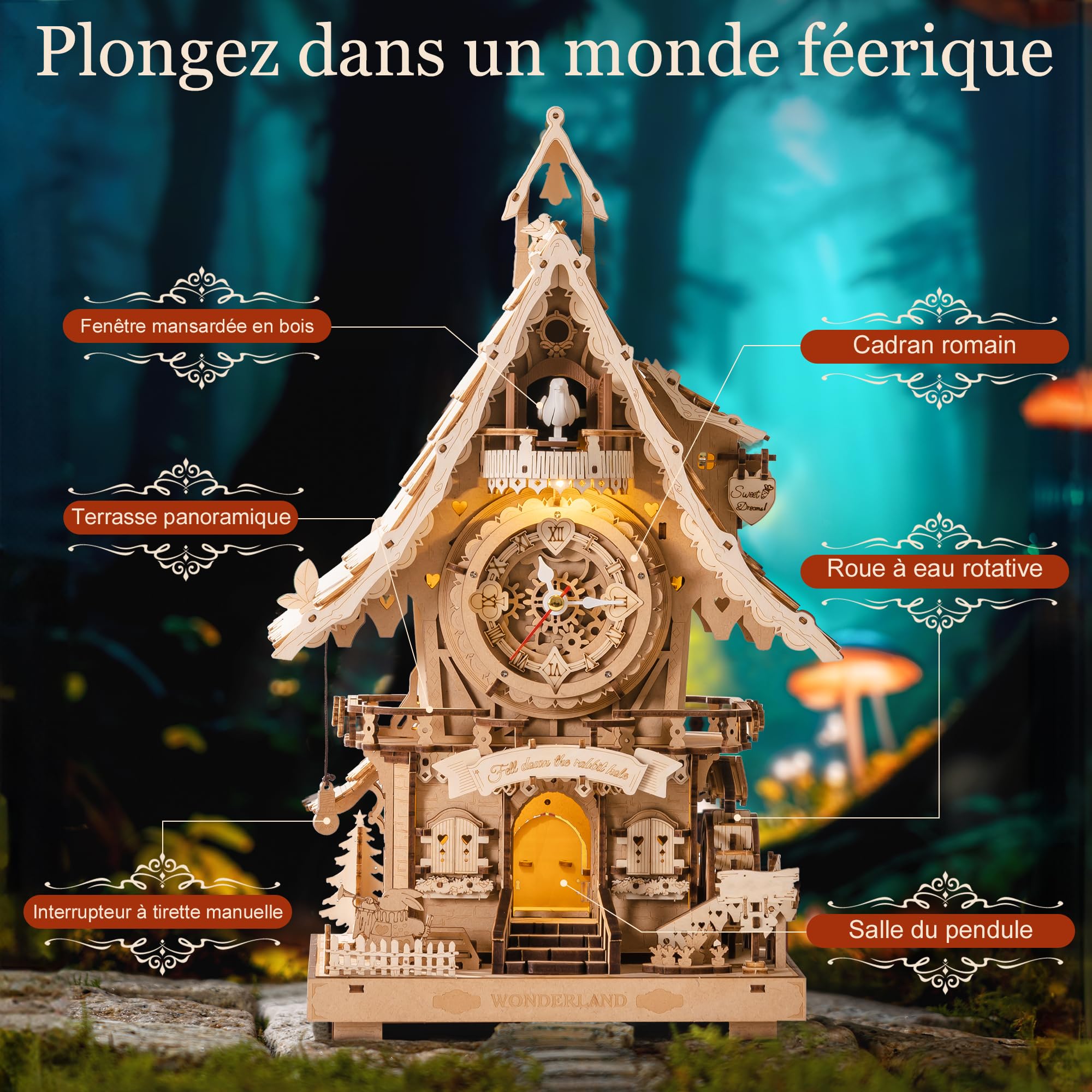 ROBOTIME Puzzle 3D Horloge à Coucou en Bois pour Adultes,Kit de Modèle à Construire,Horloge Fonctionnelle avec Son du Coucou,Décoration Maison,Cadeau pour Adolescents&Adultes,LC901 (Couleur de Bois)