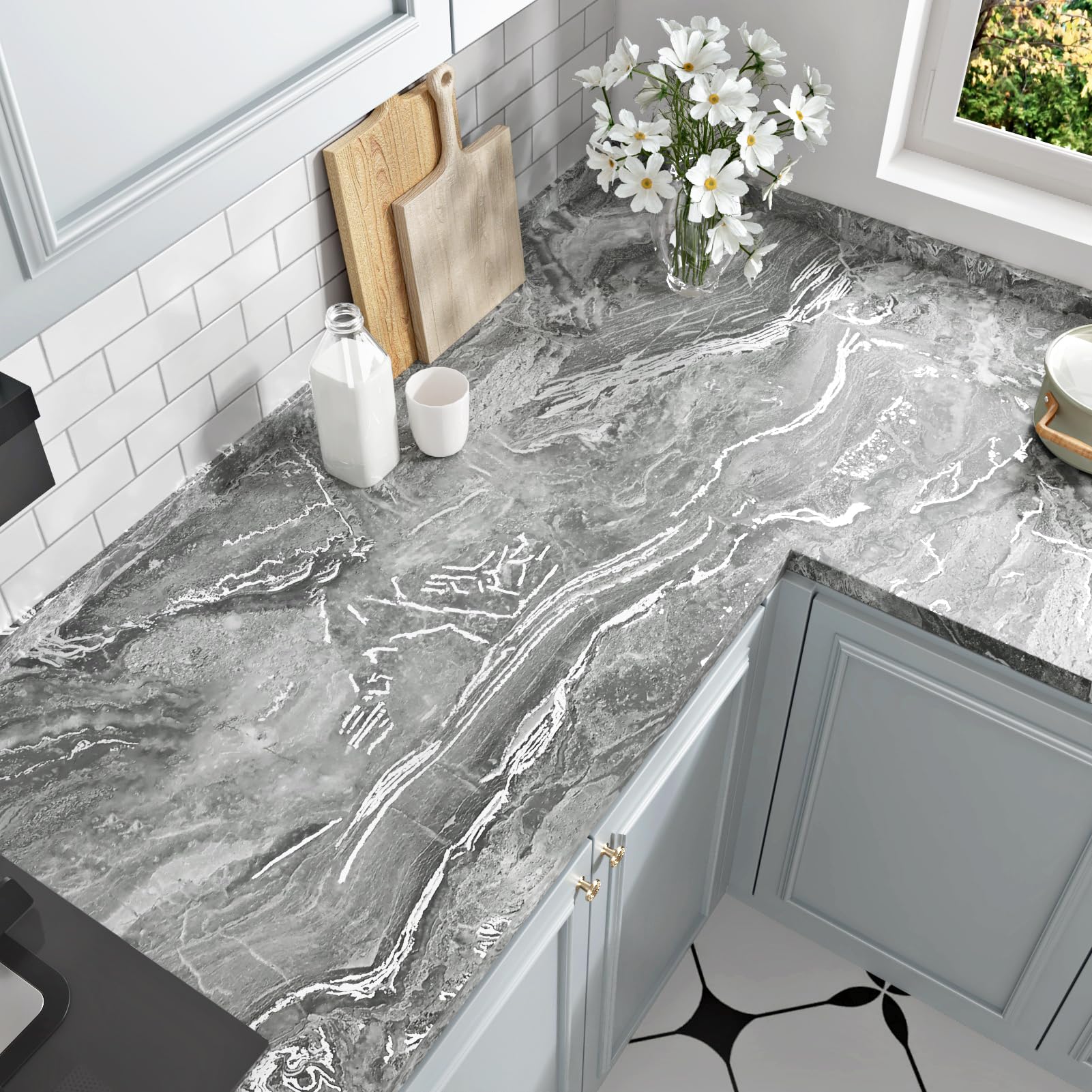 Wallderful Silver Grey Marble Contact Paper Peel and Stick Countertops Matte Marble Wallpaper Peel and Stick Waterproof Wall Paper Roll for Kitchen