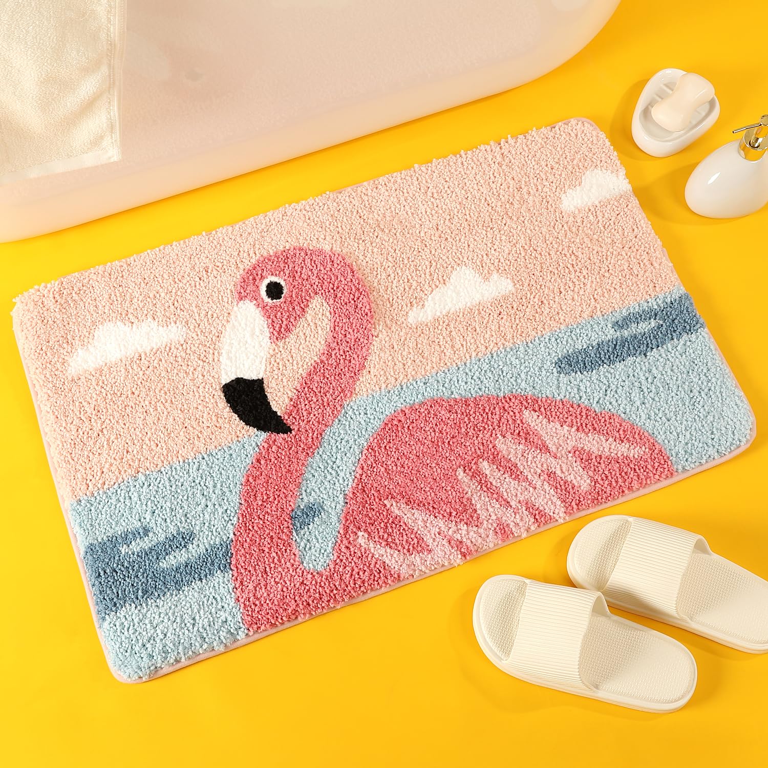 Molesun Cute Flamingo Bath Rug, Bathroom Mat Non-Slip Soft Shower Rug Funny Plush Microfiber Water Absorbent Shaggy Floor Mats for Kids Room, Bedroom,