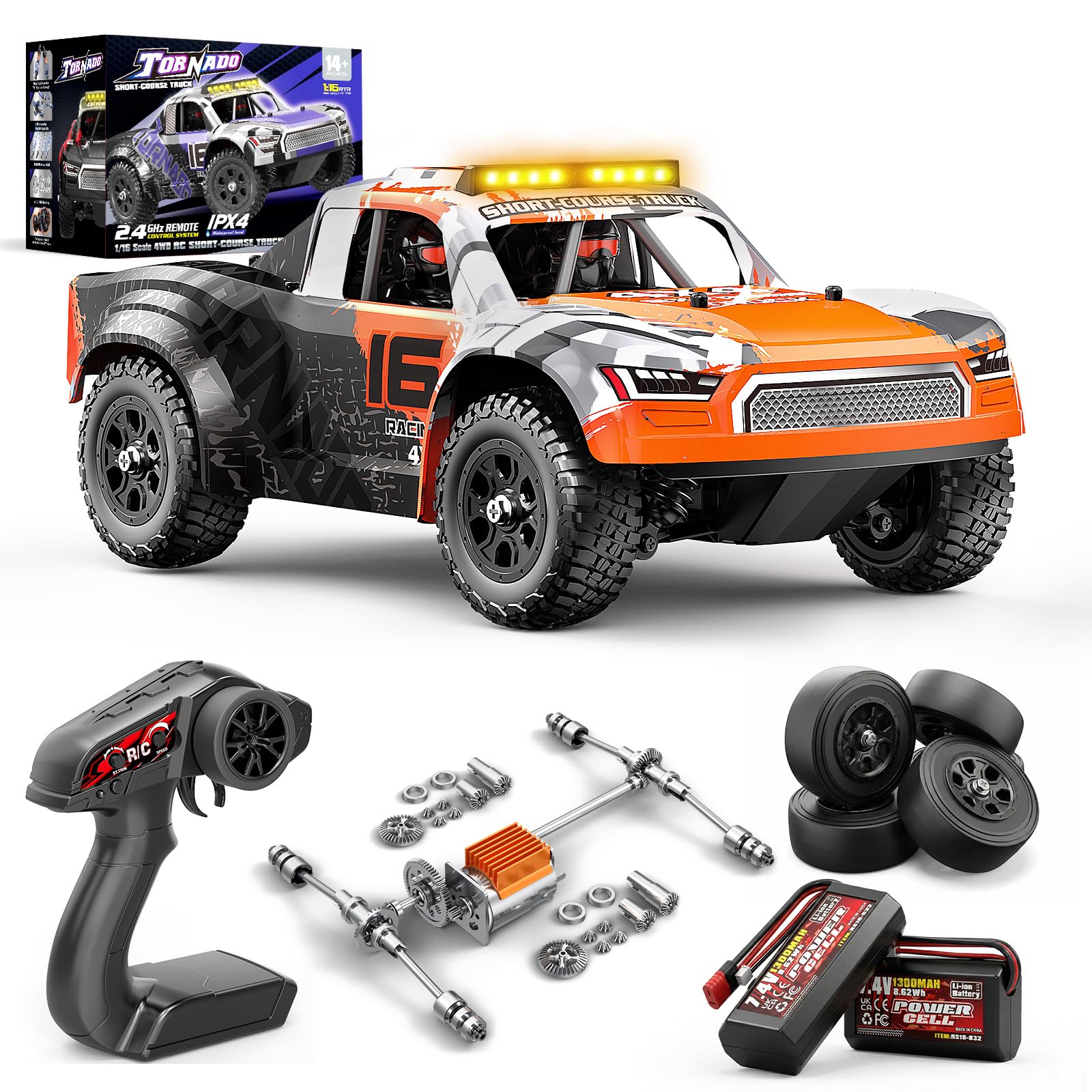 Macchina telecomandata professionale 1:16, RC car 4WD fuoristrada/drift fino a 36 km/h, macchina radiocomandata 4x4 con 2×7,4V 1300mAh batterie, 2 set pneumatici, trasmissione in metallo, adulti e 8+