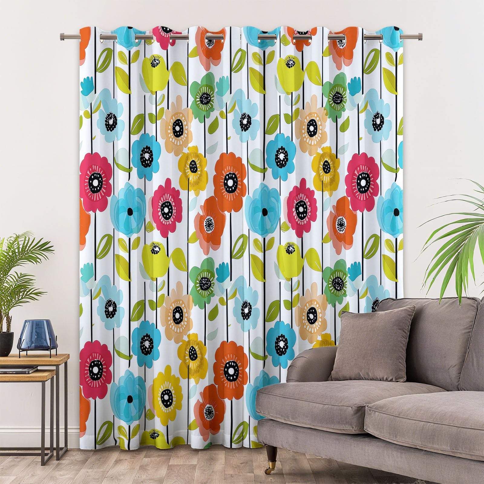 Geometrische Blumen Blickdicht Vorhänge Retro-Mittelalter Ösenvorhang 2er Set H229 x B117 cm, für Wohnzimmer Schlafzimmer Weiß Gardinen Blickdicht Thermovorhang Kälteschutz