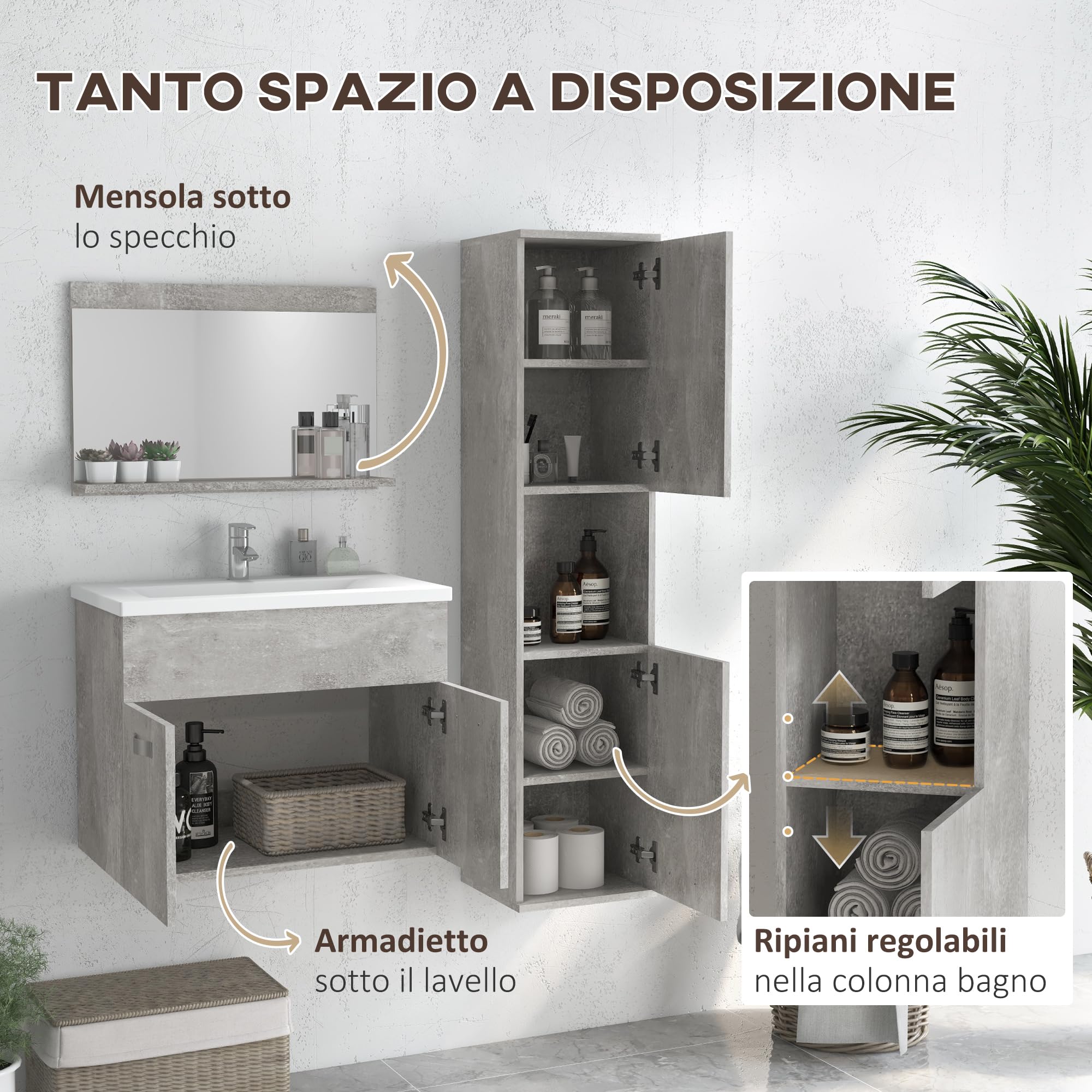 kleankin Set Mobili Bagno da 4 Pezzi con Lavabo da 60cm in Ceramica, Mobiletto Bagno, Colonna Bagno e Specchiera in Legno, Grigio
