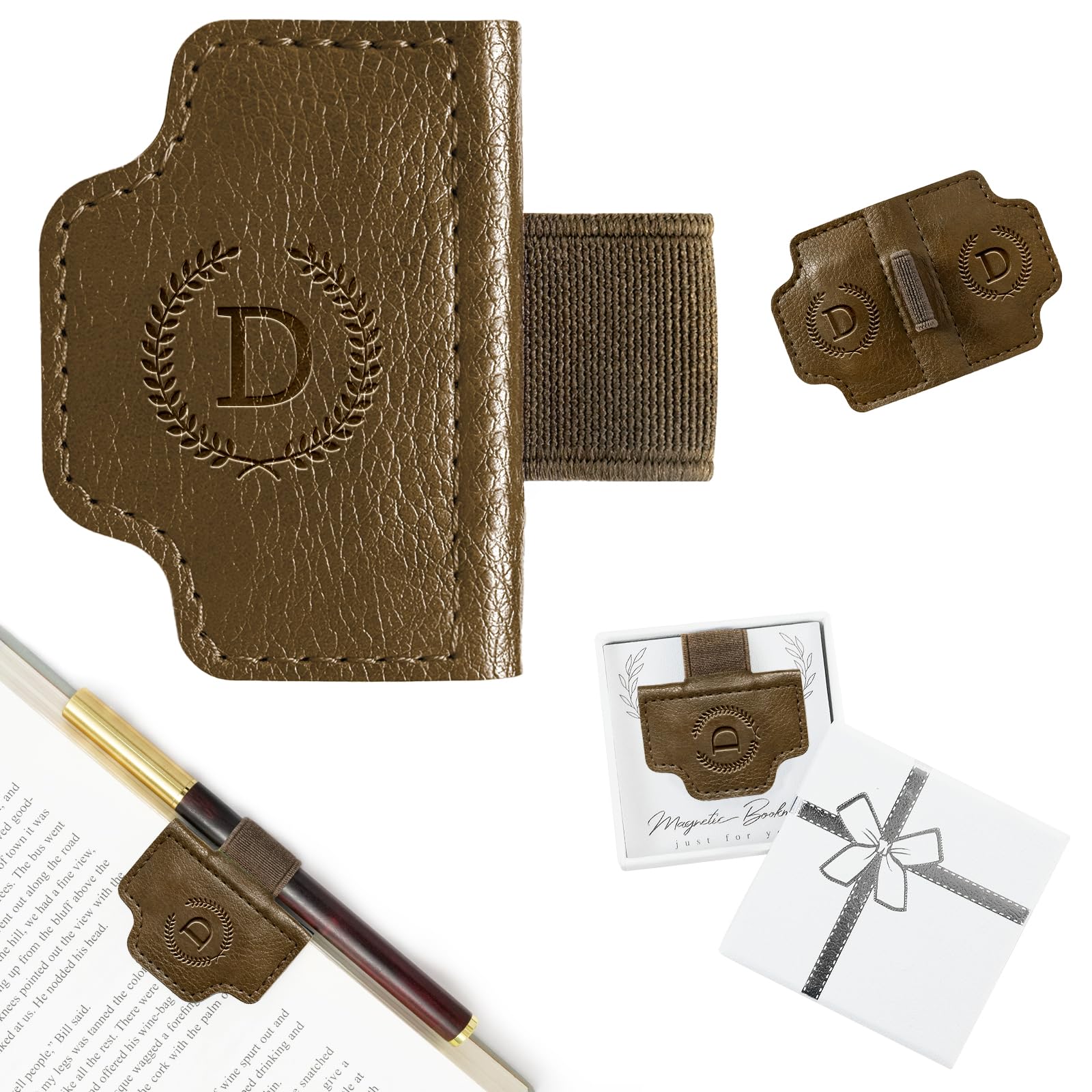 BygoneMark - Segnalibro magnetico personalizzato in pelle con portapenne, regalo unico per amanti dei libri, lettori, viaggiatori (marrone scuro-D)