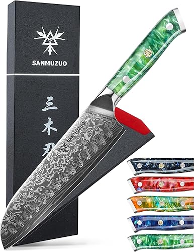 SANMUZUO Cuchillo Santoku - 7 pulgadas - Serie Xuan - Cuchillo de cocina de acero Damasco VG10 - Mango de resina (verde jade)