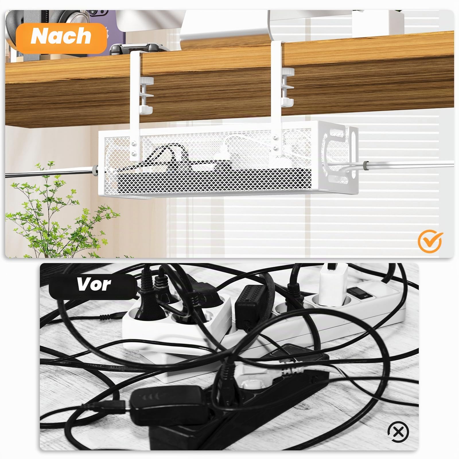 Kabel-Management-Tablett für den Schreibtisch, 39 cm, kein Bohren, Stahl-Schreibtisch-Kabel-Organizer, Drahtmanagement-Tablett, Kabelmanagement-Rack (1 Packung, weiß)