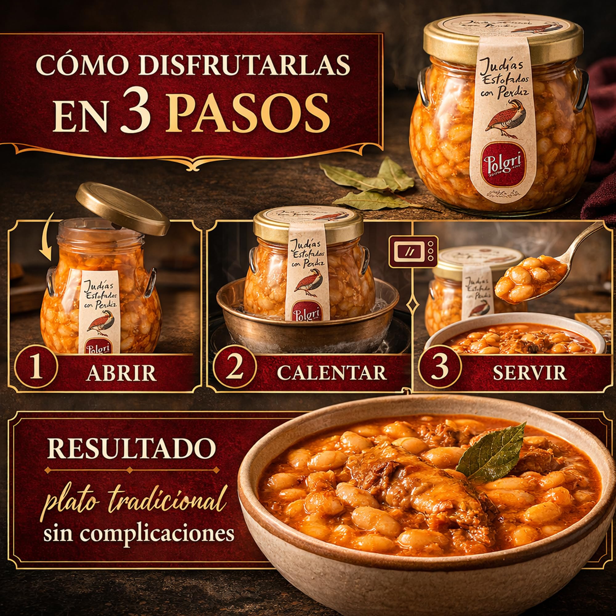 POLGRI Judias Estofadas con Perdiz Gourmet AOVE 640 ml Tarro de Cristal Comida Preparada