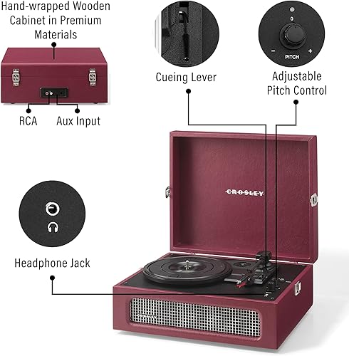 Miniatura 5 de Crosley CR8017B-BU Voyager - Tocadiscos portátil clásico de vinilo con Bluetooth de entrada/salida y altavoces integrados, color burdeos