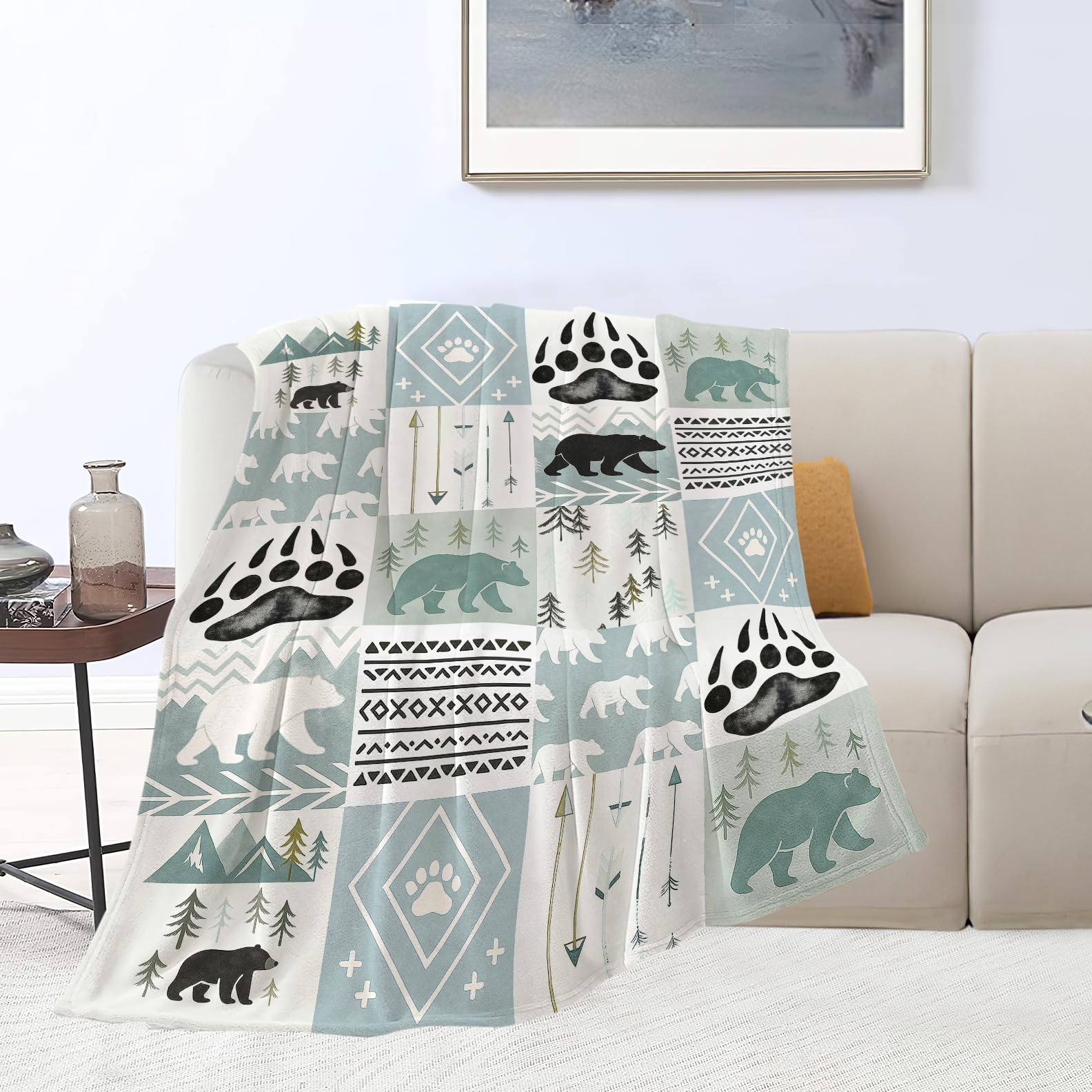 Bear Blanket Super Soft Warm Fluffy Fleece Flannel Forest Animal Throw Blanket Cozy Fuzzy Plush Stuff Bedding Blue Blankets Gifts for Women Kids Boys Girls Adults 50"X40"