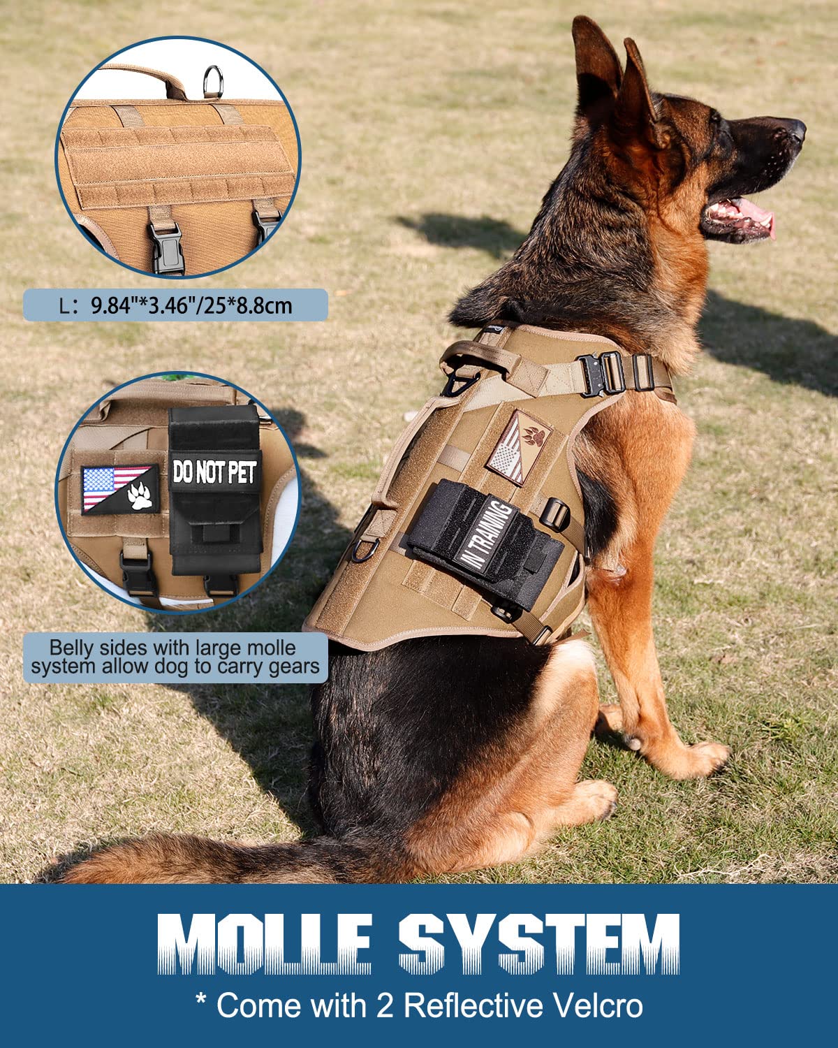 Petnanny - Arnés táctico para perros grandes, cobertura completa del cuerpo en entrenamiento con 2 parches reflectantes para perros, asa, paneles de gancho y bucle, chaleco Molle para perros