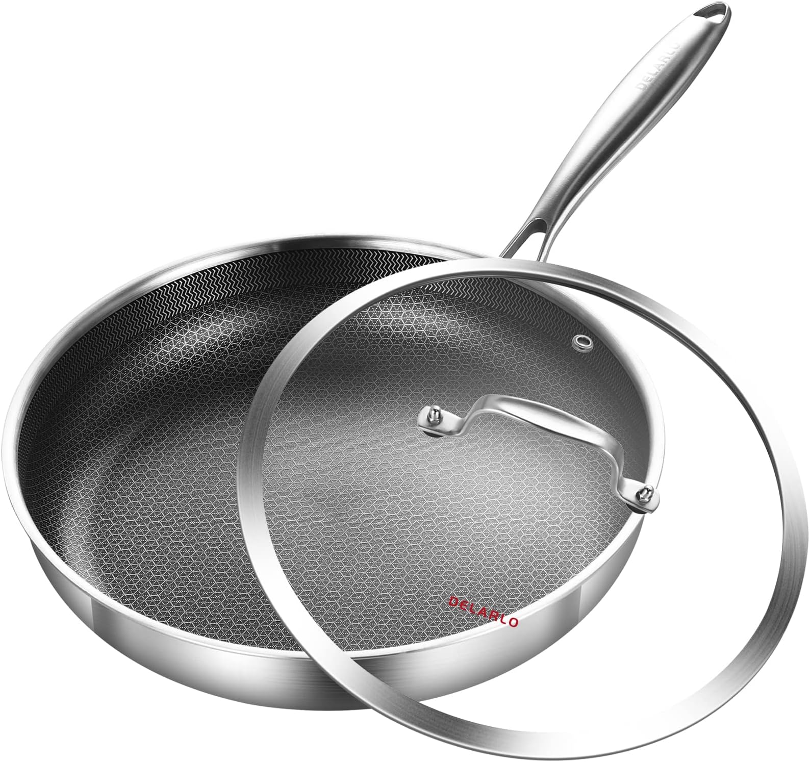 30.5cm Hybrid Tri-Ply Stainless Steel Non Stick Frying Pan with Lid, Suitable for Induction Oven, Suitable for All Hobs, Detachable Handle