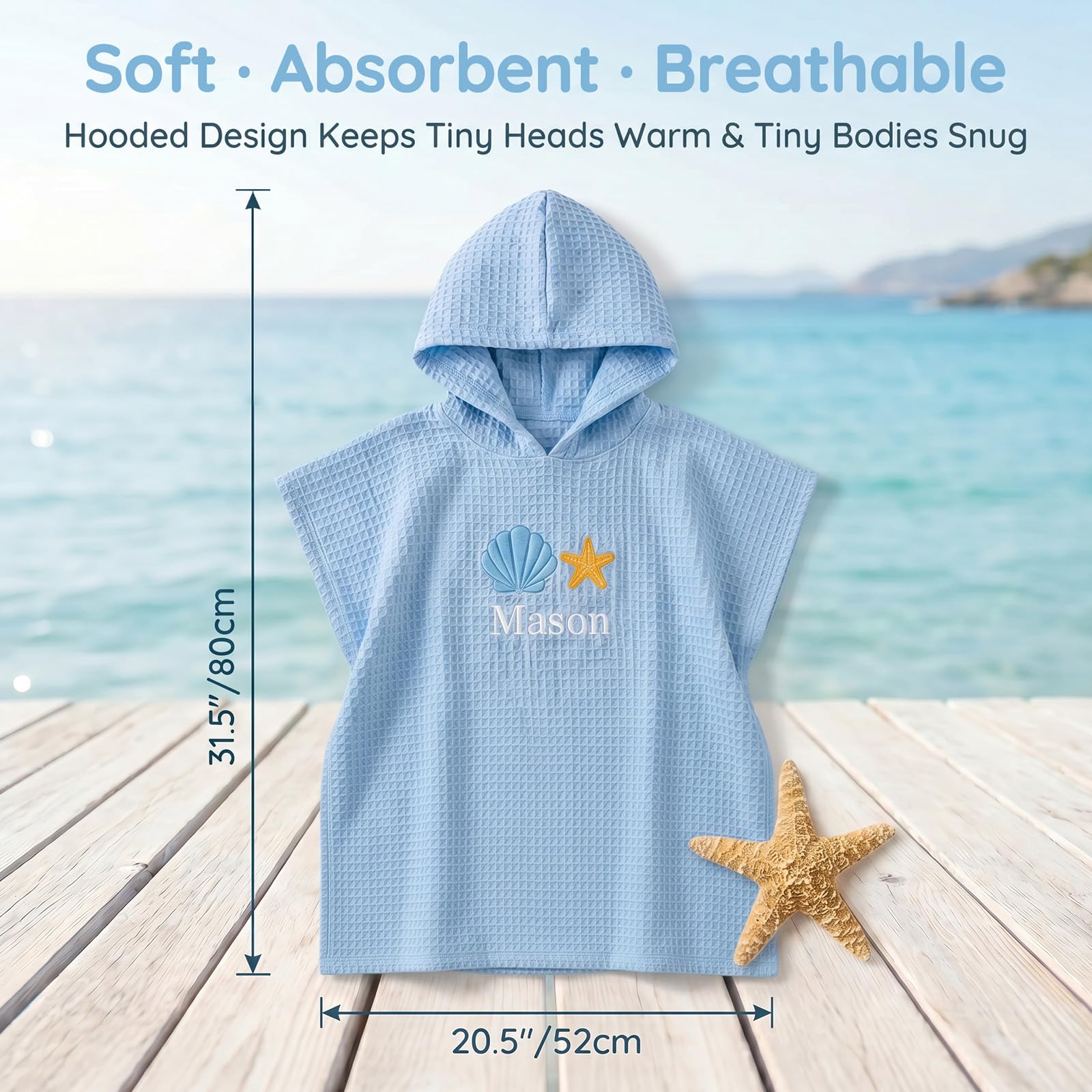 Personalisiertes Kapuzen-Strandtuch für Kinder, mit Motiv & Namen, trocknet schnell, sandfrei, 100% Baumwollwaffel, für Strand/Pool/Bad, Babyparty/Geburtstag, Sommergeschenk für Jungs & Mädchen