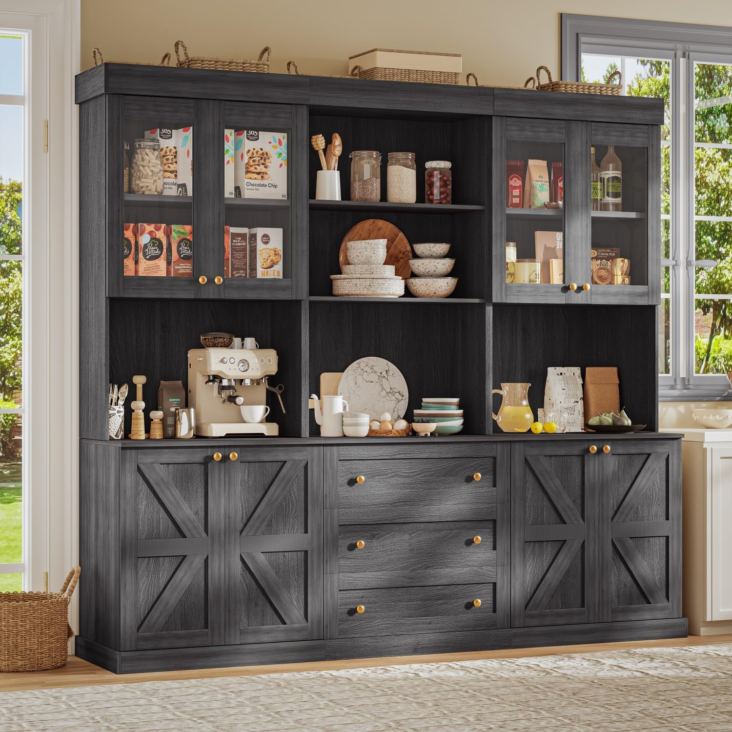 71" Tall Farmhouse Kitchen Pantry, Large Storage Cabinet with Glass Doors and Drawers, Freestanding Coffee Bar Hutch with Microwave Stand, Adjustable