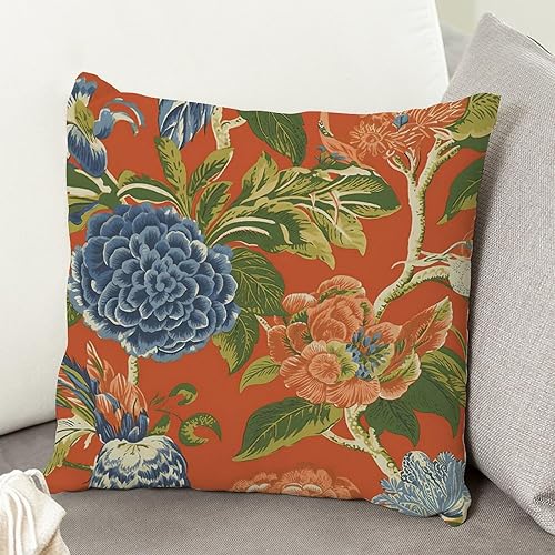 Miniatura 5 de ArogGeld Funda de cojín de estilo asiático chinoiserie naranja y azul oscuro, fundas de almohada de peonía floral naranja y azul con peonía china a