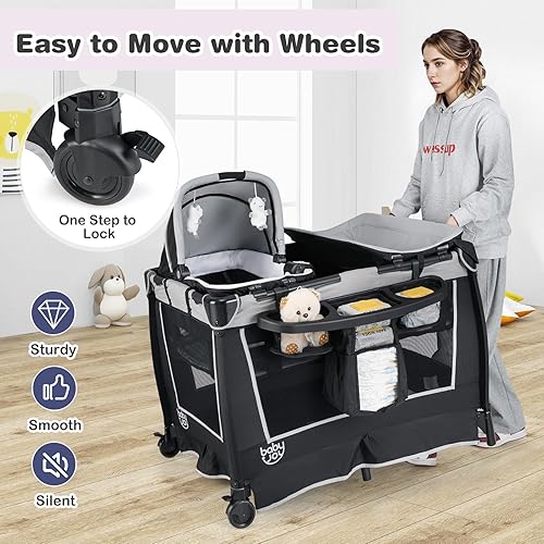 Miniatura 8 de BABY JOY Paquete y juego 5 en 1, centro de guardería portátil con moisés y cambiador de pañales, bolsa, cuna infantil, centro de actividades para