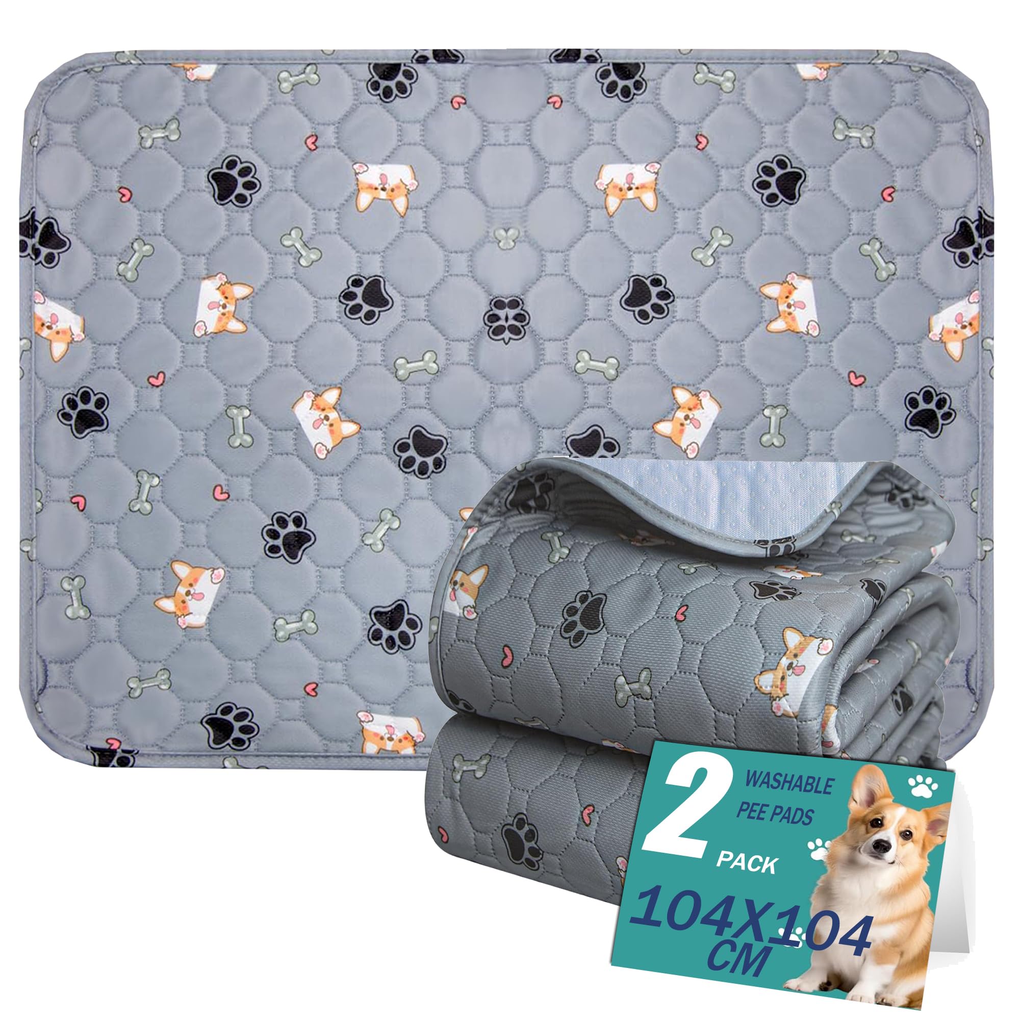 Outtdid Grey Washable Pee Pads For Dogs, 2 Pack Reusable Dog Training Pads, Washable Puppy Pads, Absorbent Reusable Whelping Pads, Non-Slip Dog Mat With Print For Floor Protector Potty Training - 104X104cm