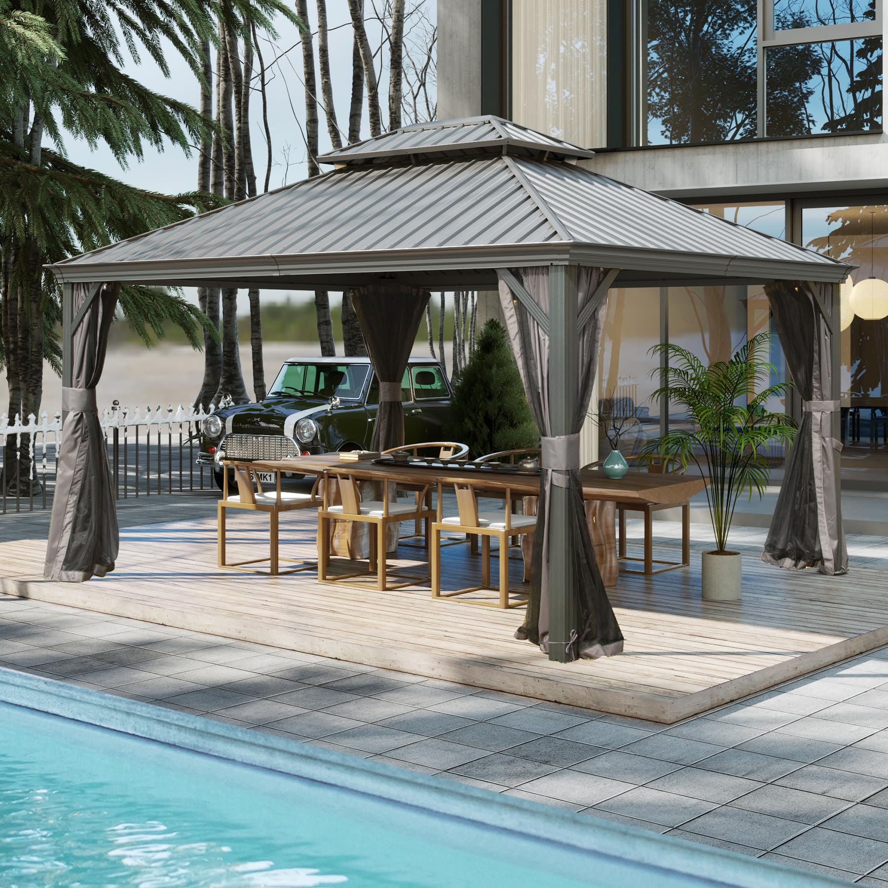 SHPAI 10’ x 12’ Hardtop Gazebo, Outdoor Aluminum Gazebo with Galvanized Steel Double Roof Canopy, Outdoor Permanent Metal Pavilion with Curtains and