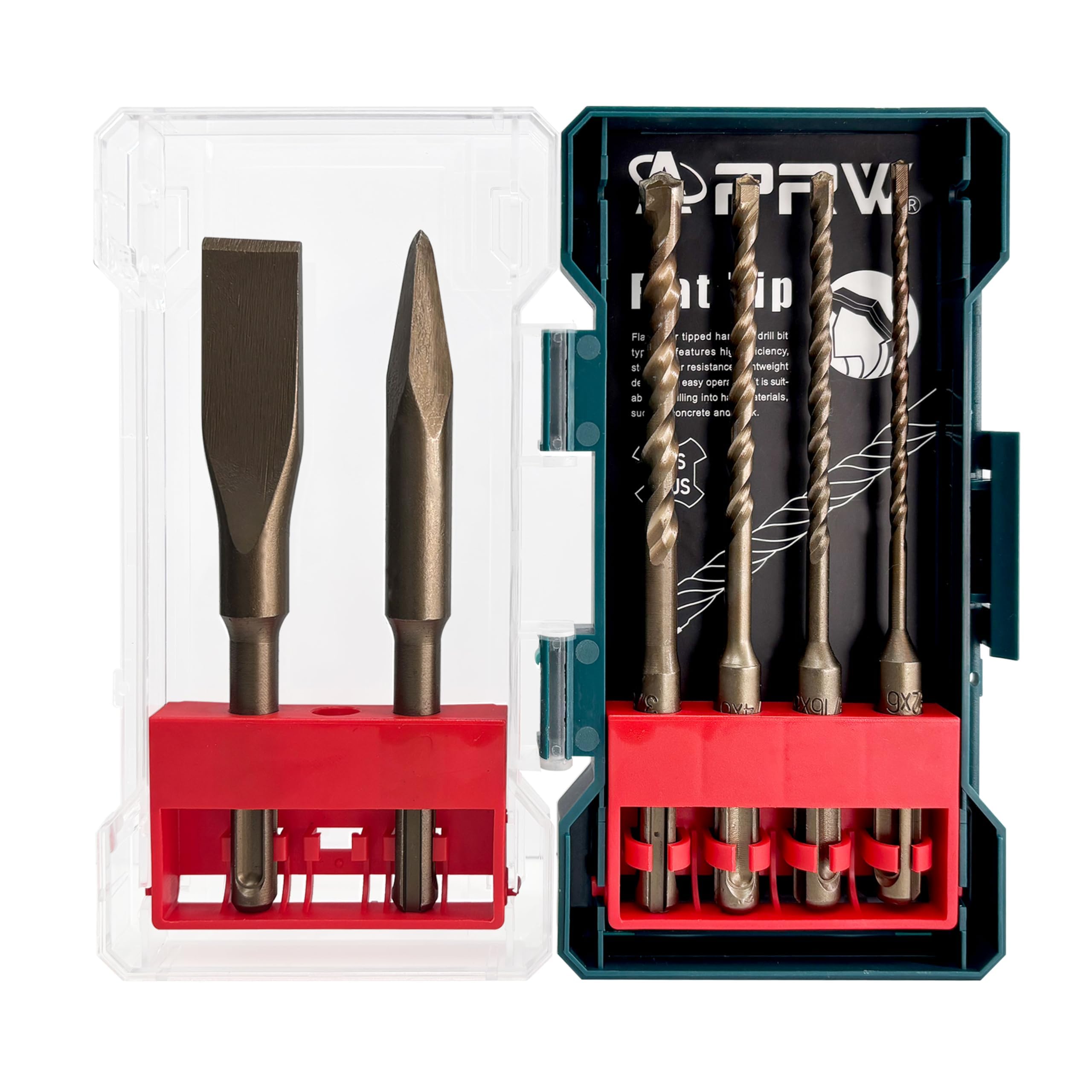 6 pcs SDS Plus Bits, Carbide Tipped Hammer Drill Bits and Chisels, 5/32 3/16 1/4 3/8 inch Masonry Drill Bit Set for Concrete, Stone, Brick, with