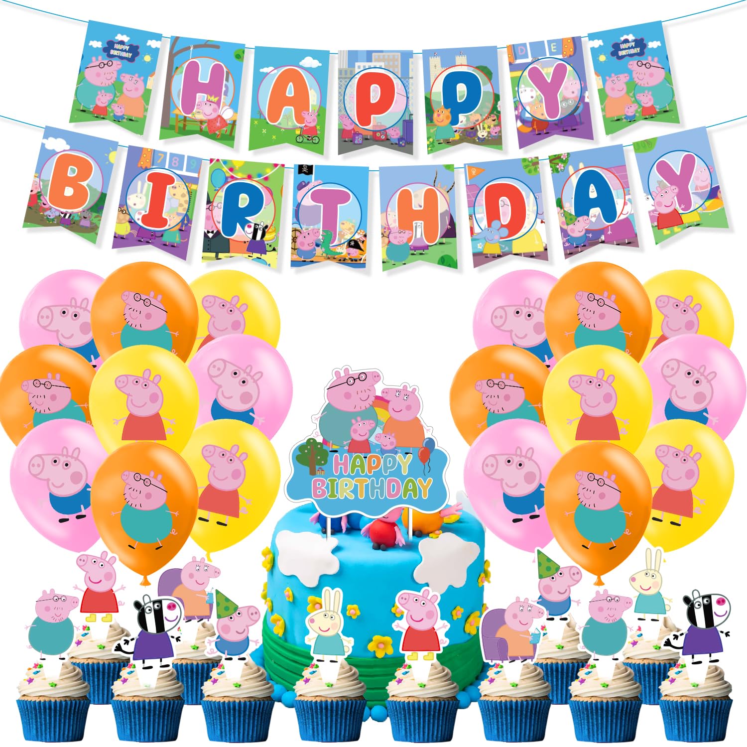Cartoon Pig Birthday Party Decorations Supplies: Banner, Balloons, Cake Toppers Cupcake Toppers, Ribbon