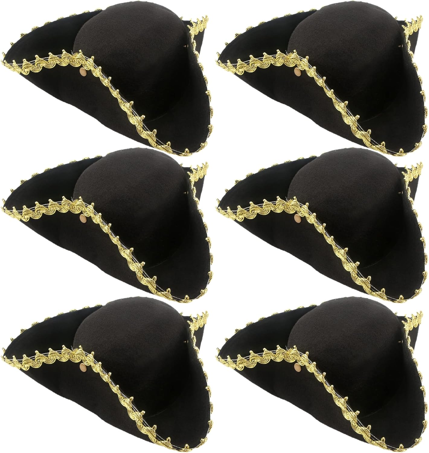 6 Pack Pirate Tricorn Hats Black Buccaneer Hat with Gold Trimming Pirate Captain Hat for Halloween Dress-up Party Supplies