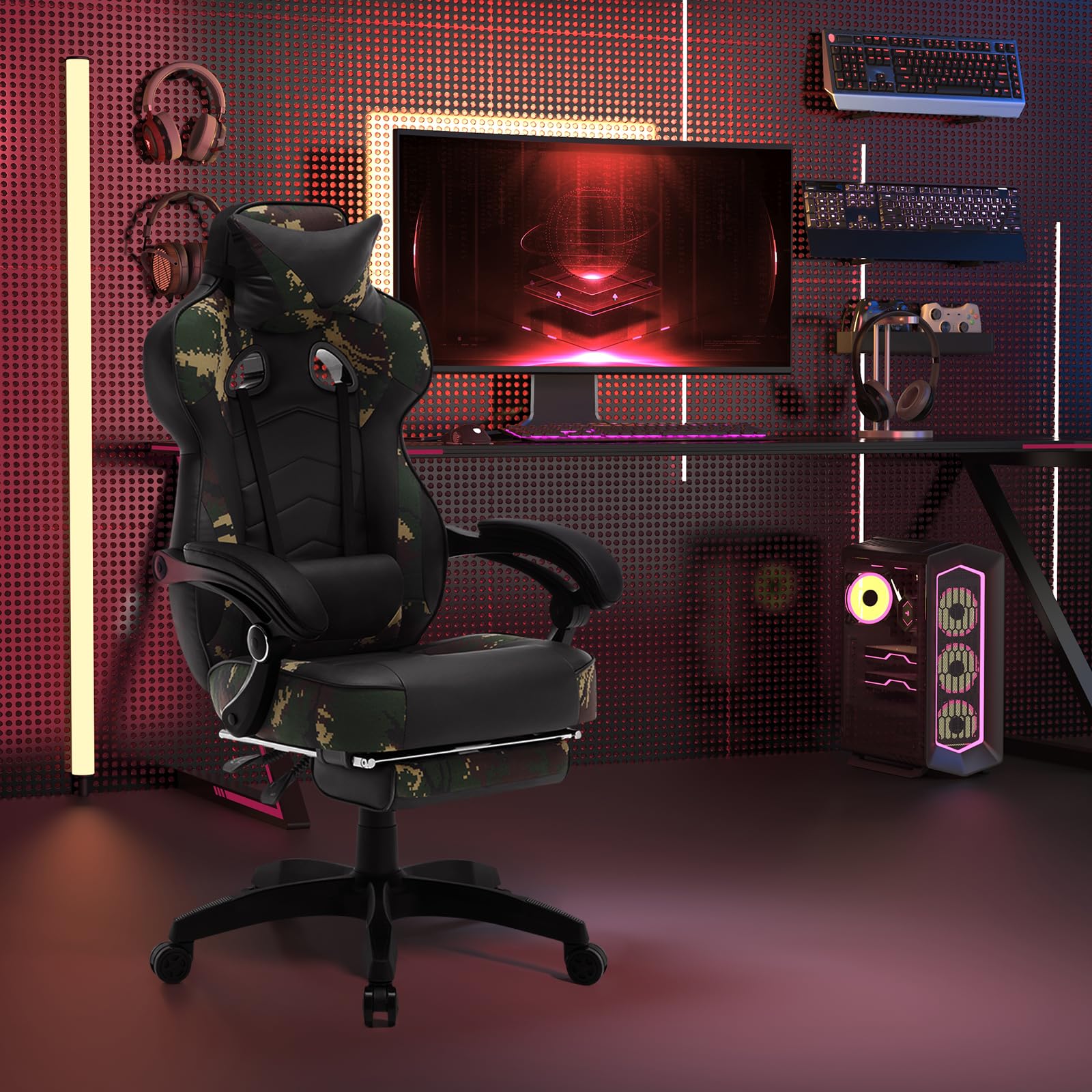 WOLTU Chaise Gaming, Chaise Bureau Ergonomique en PU Cuir, Fauteuil Gaming avec Repose-Pieds, Pivotante Grand Dos & Grand Siège pour Personne Lourde, Livestream Siege Gamer, Camouflage