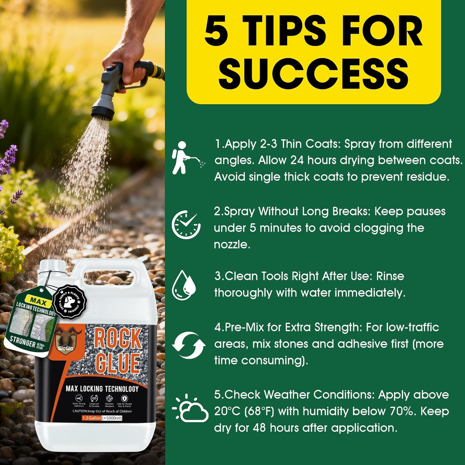 GloGlo 166OZ Ready to Use Rock Glue for Landscaping,No Dilution Needed Mulch Glue Strong Pea Gravel Binder Stone Adhesive for Walkways, Yards, Patios, Mulch Lock Pea Gravel Stabilizer