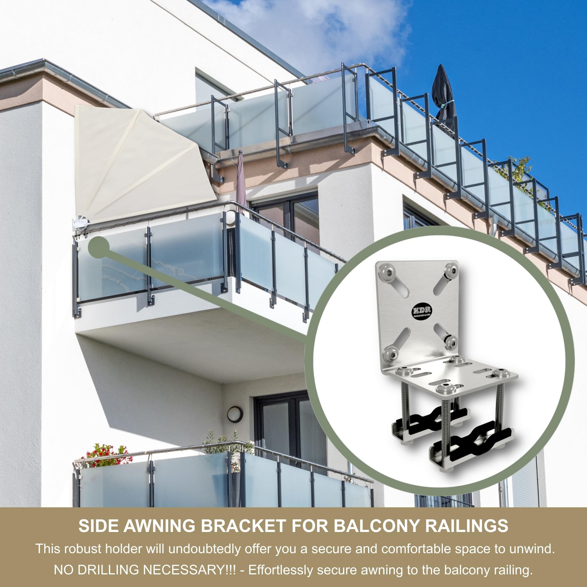 KDR - Supporto per cassetti da balcone in acciaio inox, senza foratura, per balconi e tende laterali fino a 160 x 160 cm, morsetto per ringhiere rotonde e quadrate, antiruggine, resistente alle