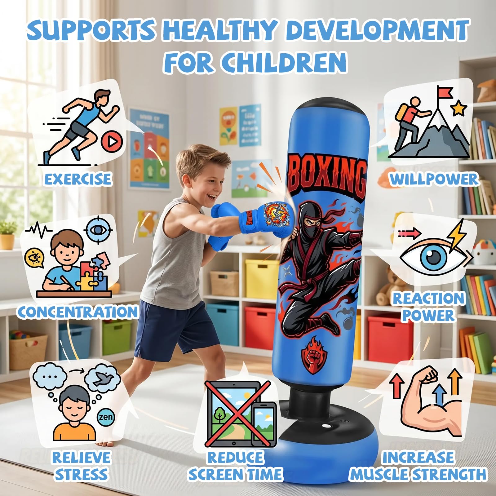 Sacco da boxe da pavimento, sacco da boxe per bambini, gonfiabile, con guanti | Sacco da boxe gonfiabile stabile per karate, kickboxing, MMA, regalo ideale per ragazzi e ragazze