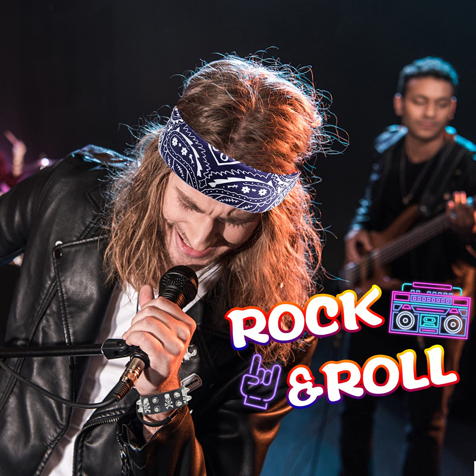 10 sztuk akcesoriów do kostiumu rockowego, 70/80/90., punk, gotycki, rockowy, z bandaną, tatuażem, rękawami, rękawiczkami, bransoletką, okularami, wąsami, obrożą, pierścionkami dla mężczyzn i
