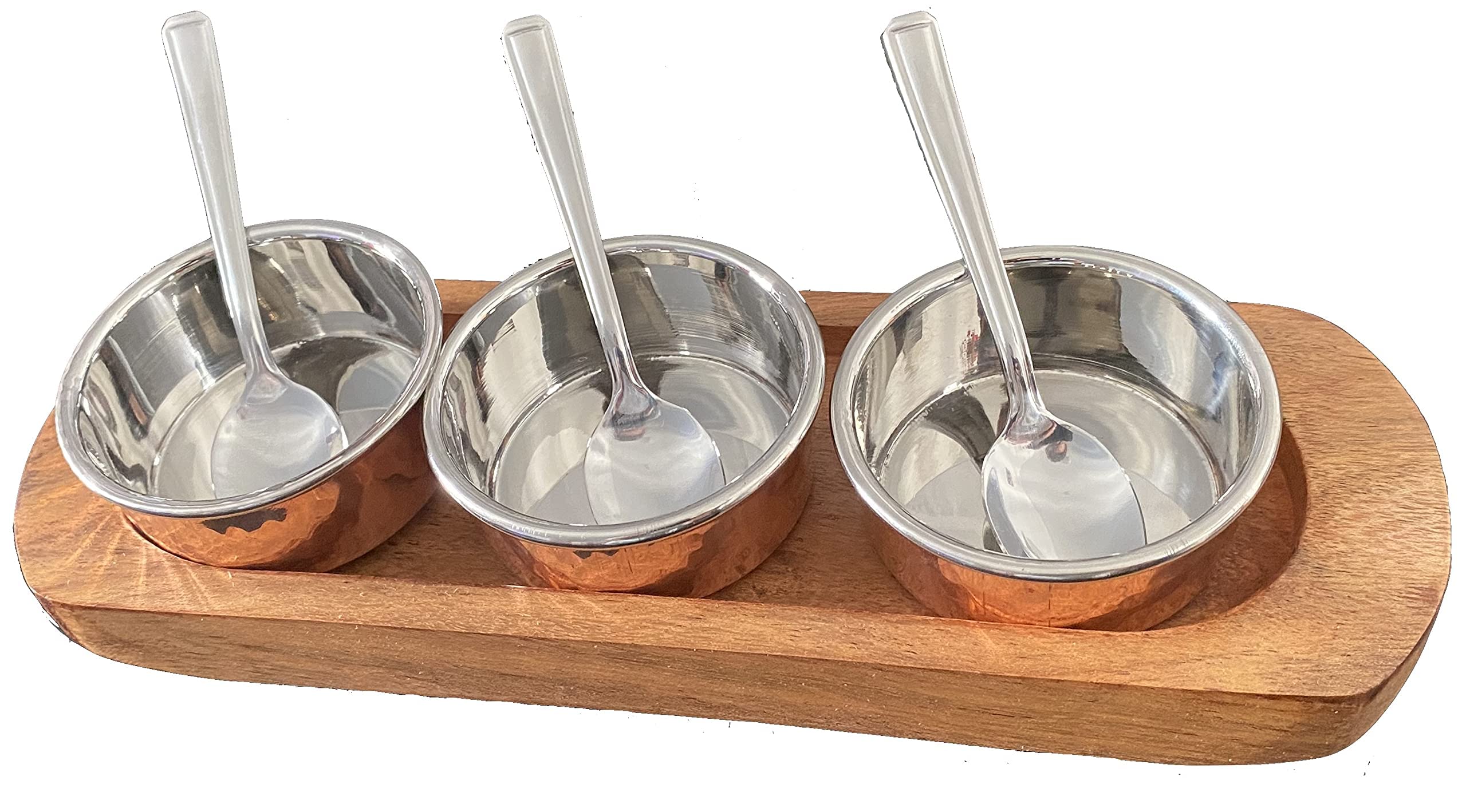 Copper Chutney Tray Relish 3 Pot Pickle 7 pcs Wood Base Set Restaurant Serving