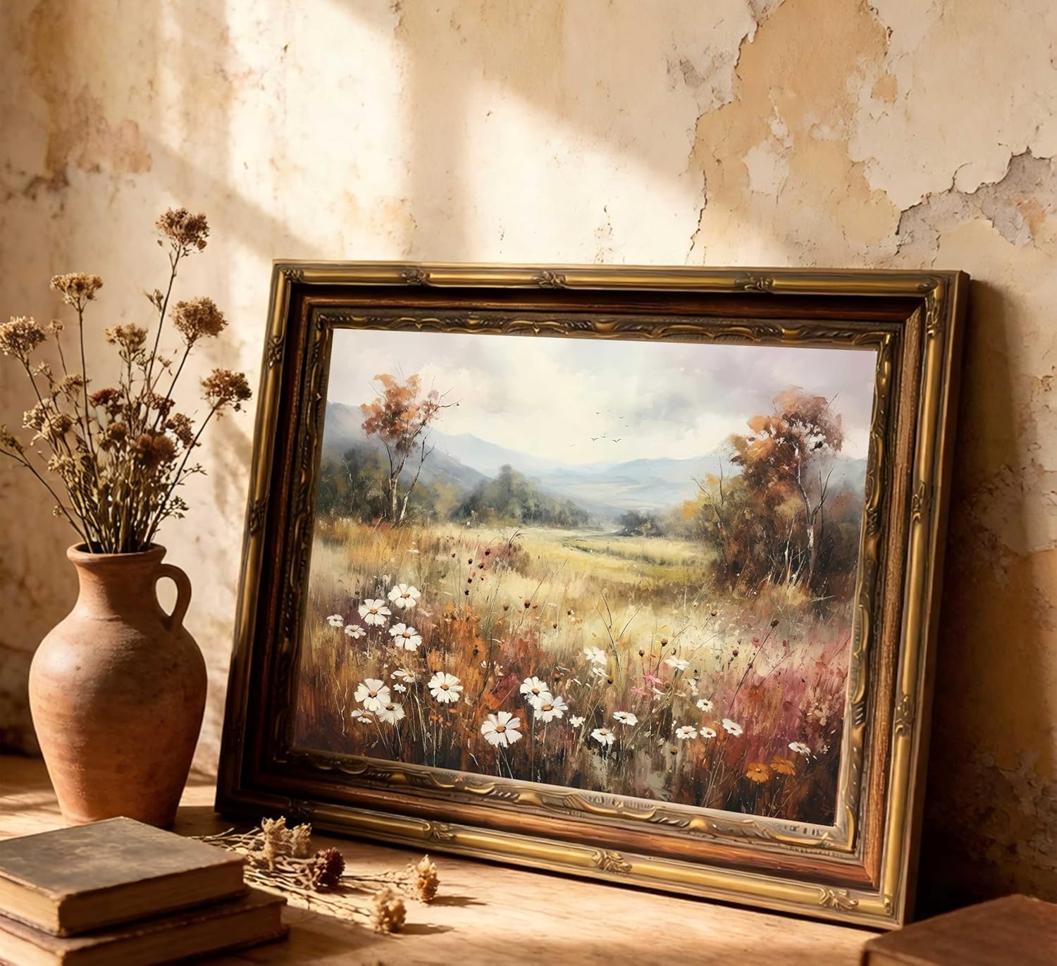 Vintage Wall Art Framed,Wildflower Meadow Mountain Landscape Painting, Vintage Gold Framed Picture Poster Prints Artwork for Home Wall Decor 12x16 Inch