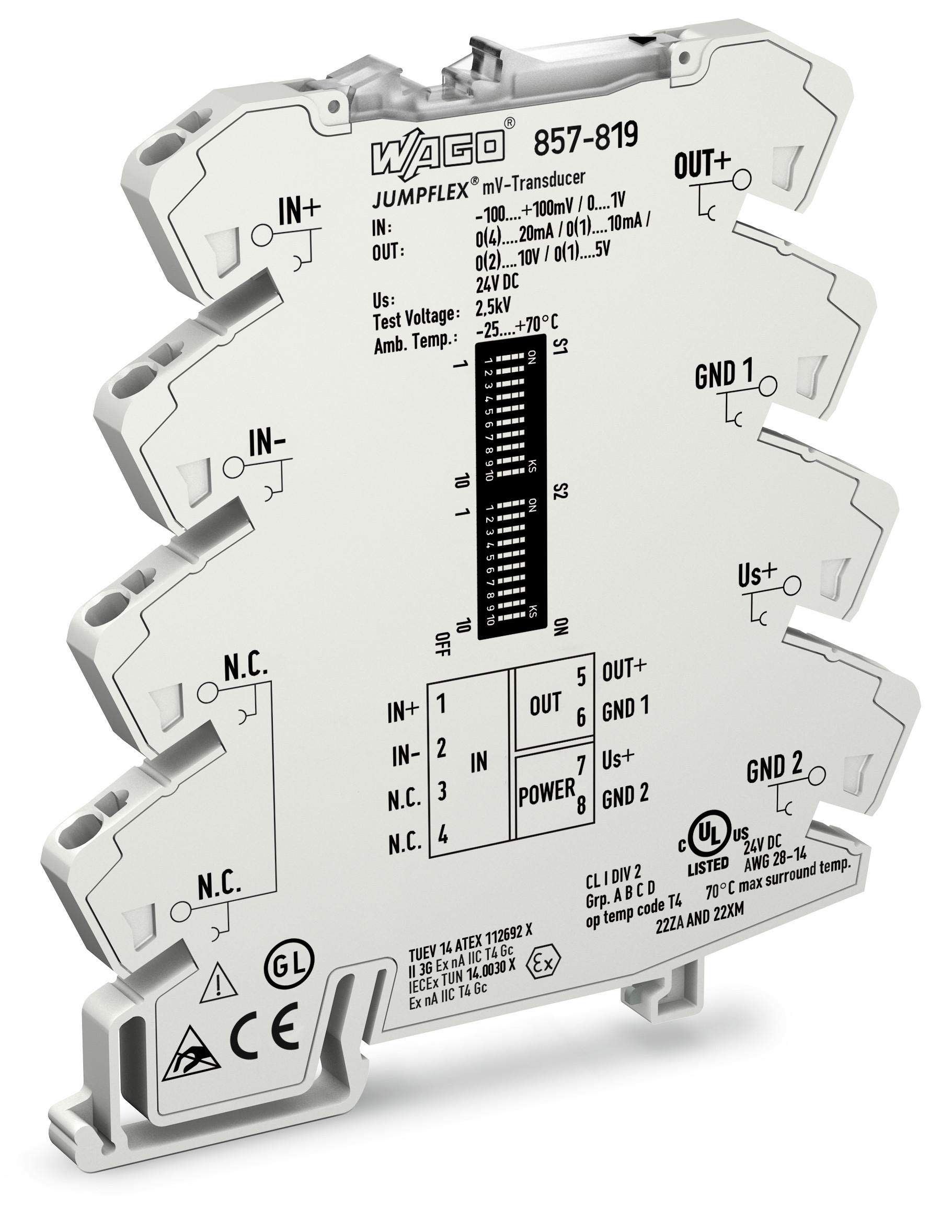 WAGO 857-819 JUMPFLEX Signal Conditioner Millivolt Transducer, with Millivolt Input As Well As Current and Voltage Output Signals Ranging from -100 mV to +100