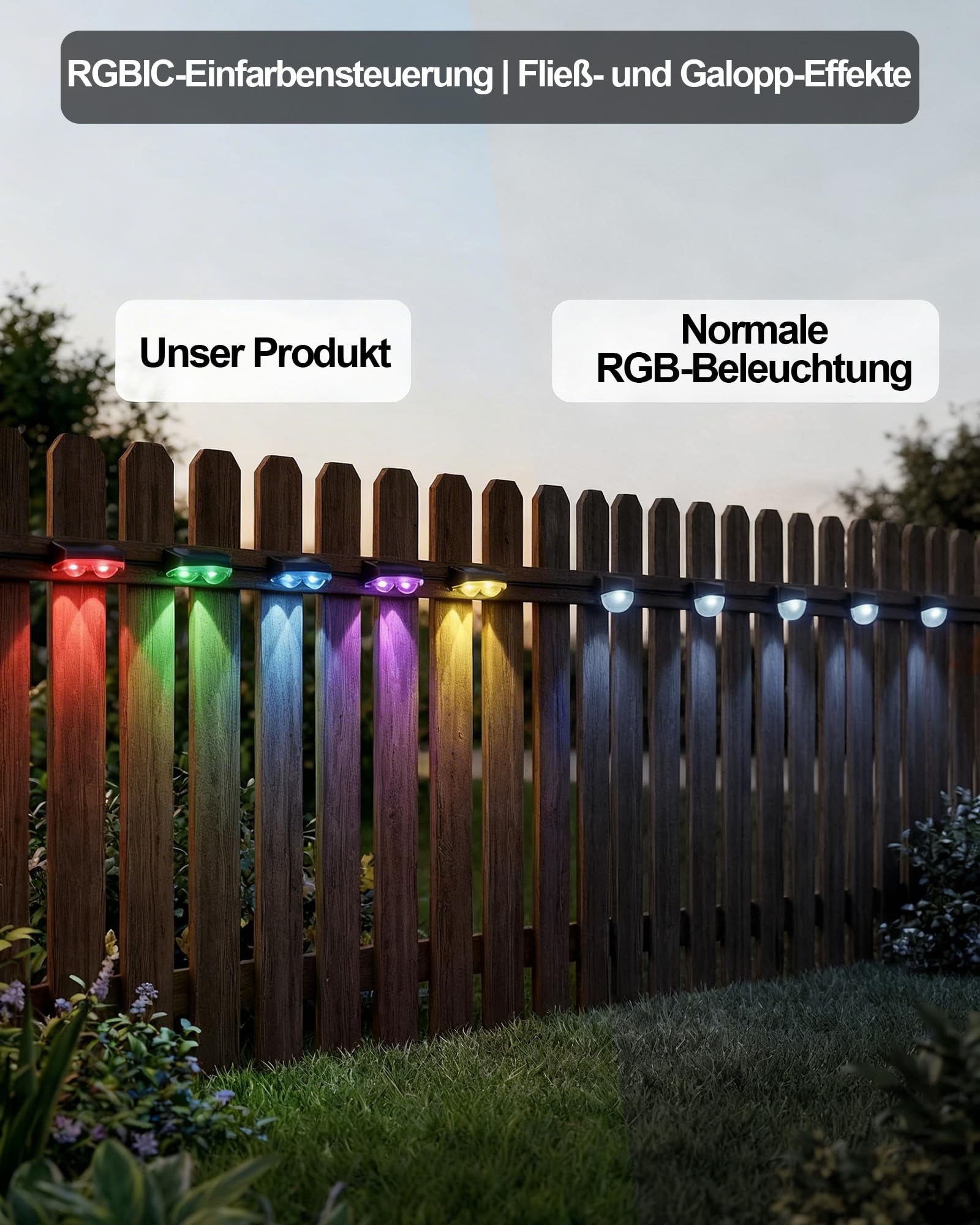 Smart LED Lichterkette Aussen für Zaun, RGBW IC Bluetooth App, IP67 Wasserdicht Outdoor Garten Deko,50ft-8 Leuchten