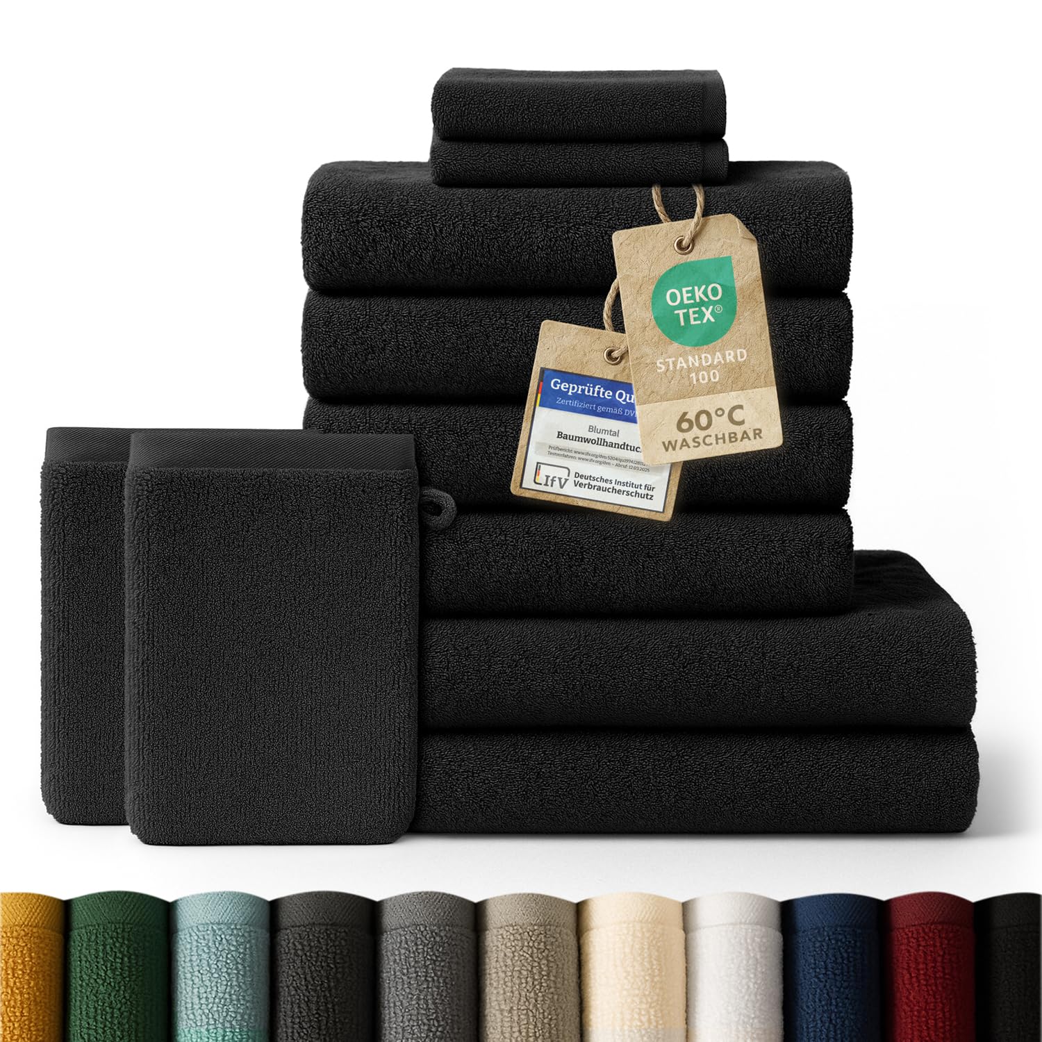 Blumtal Premium Frottier Handtücher Set 10 teilig 100% Baumwolle - Oeko-TEX zert. Badetuch 2X (70x140cm) + Handtuch 4X (50x100cm) + Gästehandtuch 2X (30x50cm) + Waschlappen 2 x (15x20cm) - Schwarz