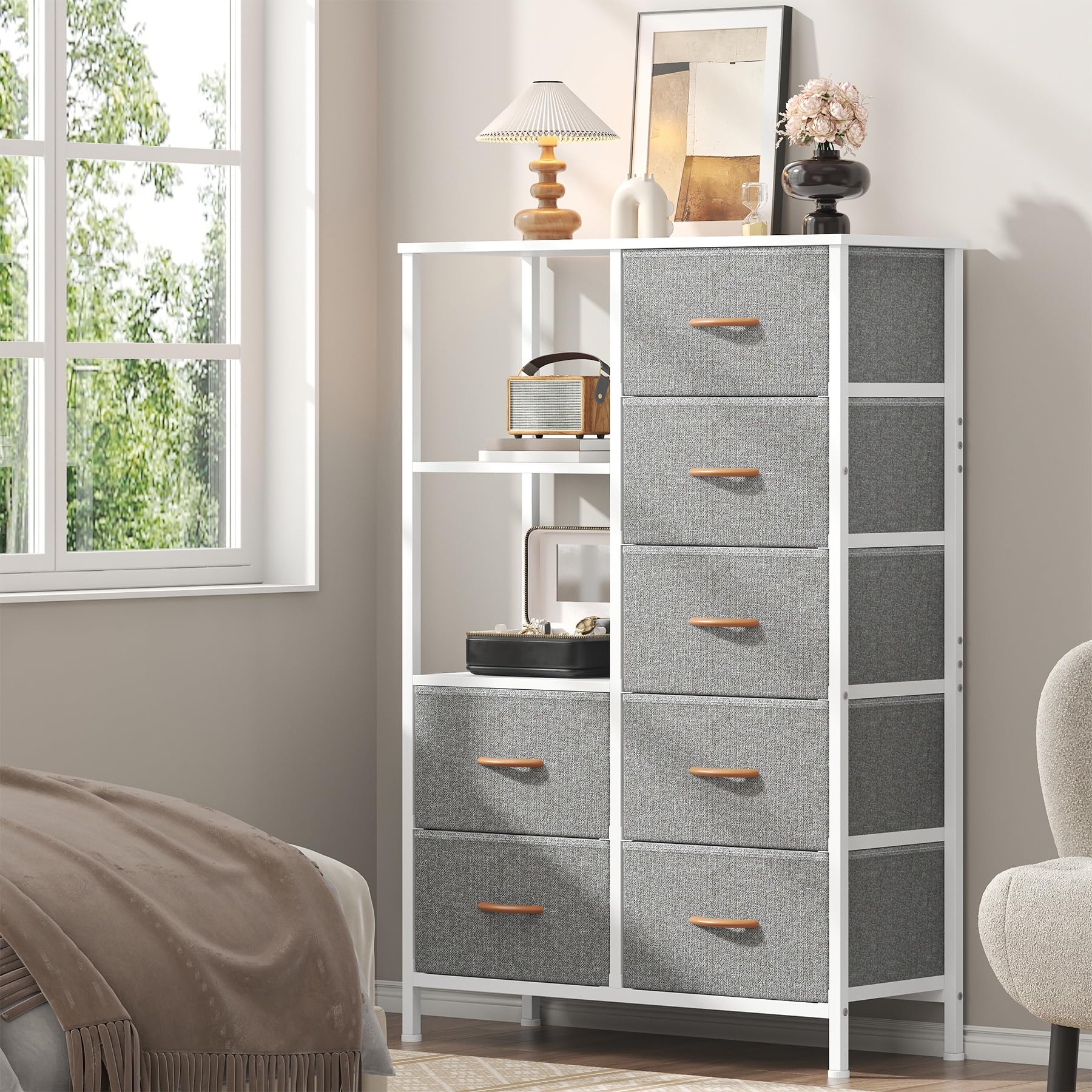 Chest of Drawers Bedroom Tall Storage Cabinet Unit Dresser Bedroom Furniture Cupboards for Living Room-Metal Frame, 7 Large Fabric Drawer, 2 Open Shelves, 1 Spacious Top Surface,116*80*30cm,Light Grey