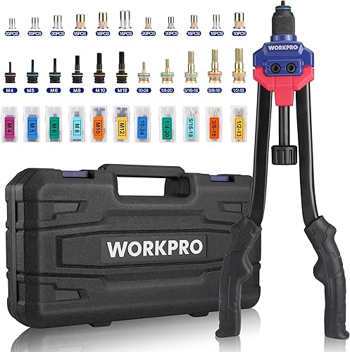 WORKPRO Nutsert - Herramienta de tuerca remachadora de 16 pulgadas, kit de herramientas de remache con 11 mandriles métricos y SAE, kit surtido de