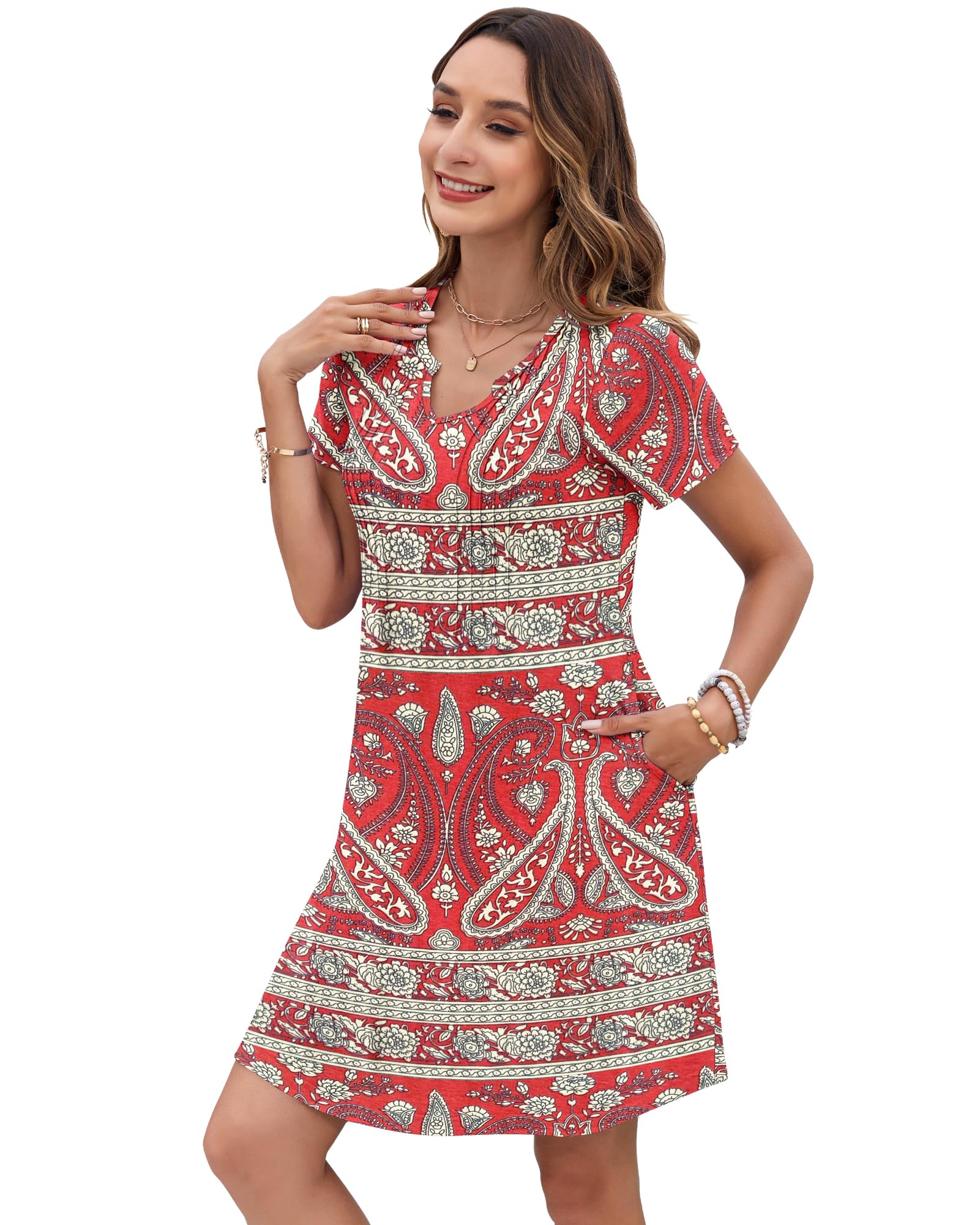PLOKNRD Vestidos Verano Mujer Plisado T Shirt Vestidos Casual Manga Corta con Bolsillos