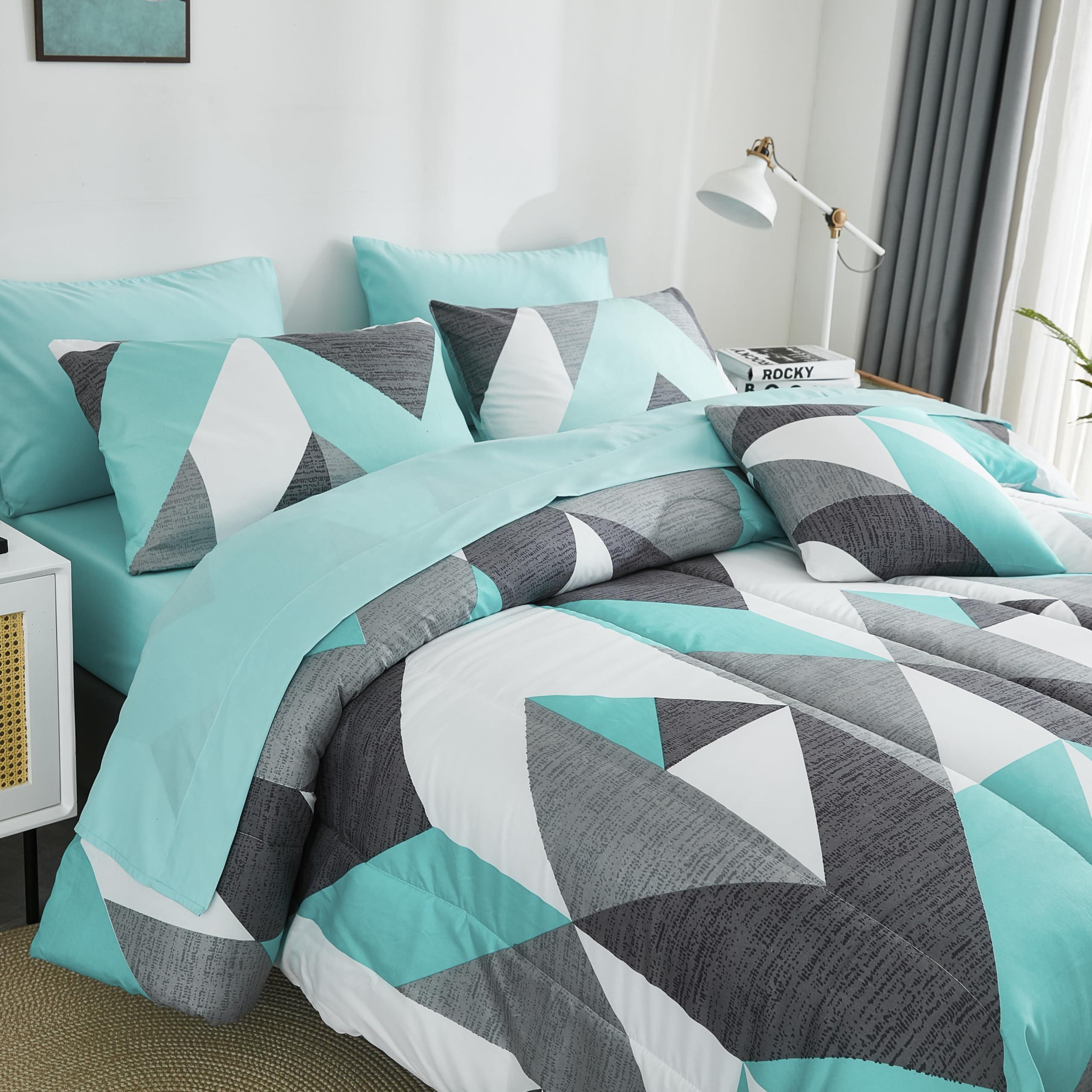 Bedbay Teal Comforter Set Full Size Geometric Bedding Modern Chevron Geometric Design 8 Pcs Soft Microfiber Comforter Set with Sheet All Season Bed Set(Teal&Grey,Full)