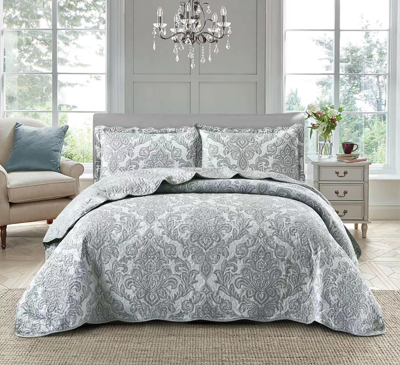 Householdfurnishing 3 Piece Printed Patchwork Bedspread Quilted Bed Throw Comforter with Pillow Shams (Damask Grey, Single) — image 1
