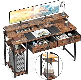 ODK Desk with Shelves, Computer Desk with 2 Drawers and Monitor Stand, Office Table with Bookshelf, Computer Desk, Small PC Table, Office Table for Home Office, 120 x 50 x 87 cm, Rustic Brown