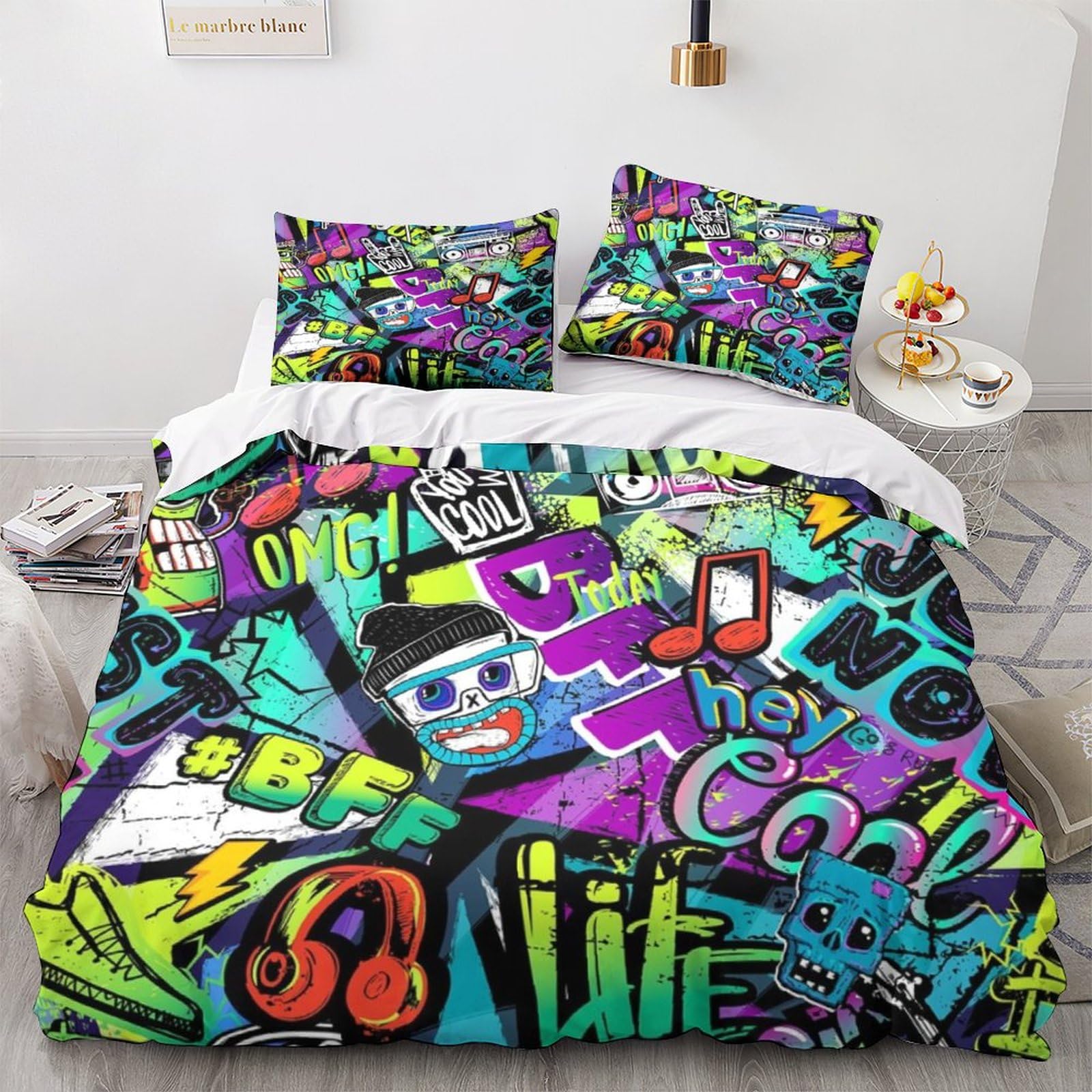 AYSUM Graffiti Lovingly Quilt Cover Set Hidden Zipper Doodle Duvet Cover Set with Pillowcases Bedding Set Soft Microfiber Comforter Cover Various Sizes for Kids Adults Double（200x200cm）