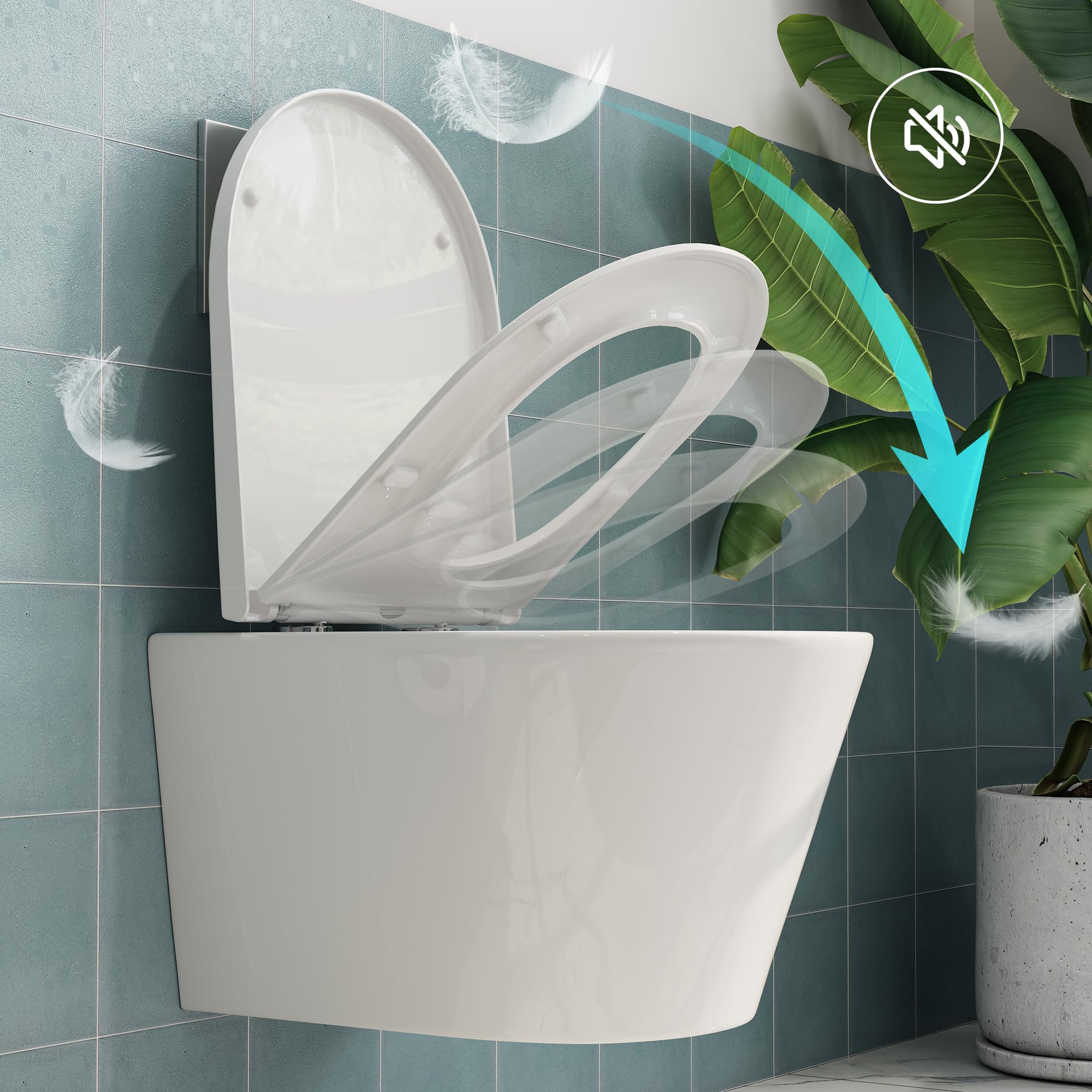 HOROW WC senza bordi con coperchio per WC, WC sospeso in ceramica, set di servizi igienici moderni, lunghezza 539 mm