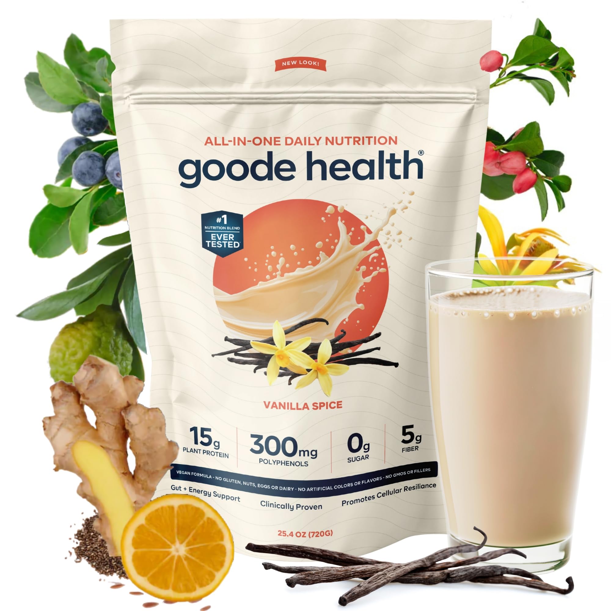 Goode Health Meal Replacement Shake | Vanilla Spice 15g Plant Based Protein | Dairy Free Soy Free Gluten Free | Zero Sugar, Low Carb, High Fiber | GLP-1 Friendly Shake Mix | 25 Servings