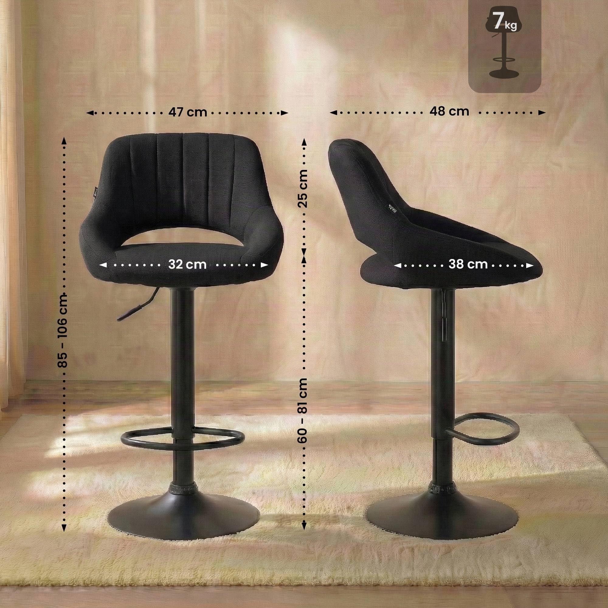 CLP Tabouret de Bar Milet reglable en Hauteur avec Dossier, Chaise de Bar rembourree en Tissu, pivotante, Structure Metallique, Couleur:Noir, Couleur du Cadre:Noir