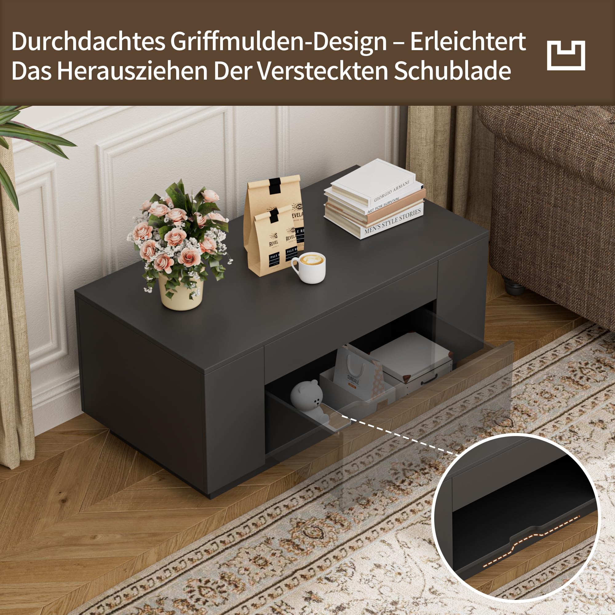 BonVache Couchtisch, Beistelltisch Couch, Wohnzimmertisch Holz mit Stauraum, Coffee Table, Kaffeetisch mit Versteckter Schubladen, Coffee Table, Sofatisch Tisch für Wohnzimmer, 90*50*42cm, Schwarz