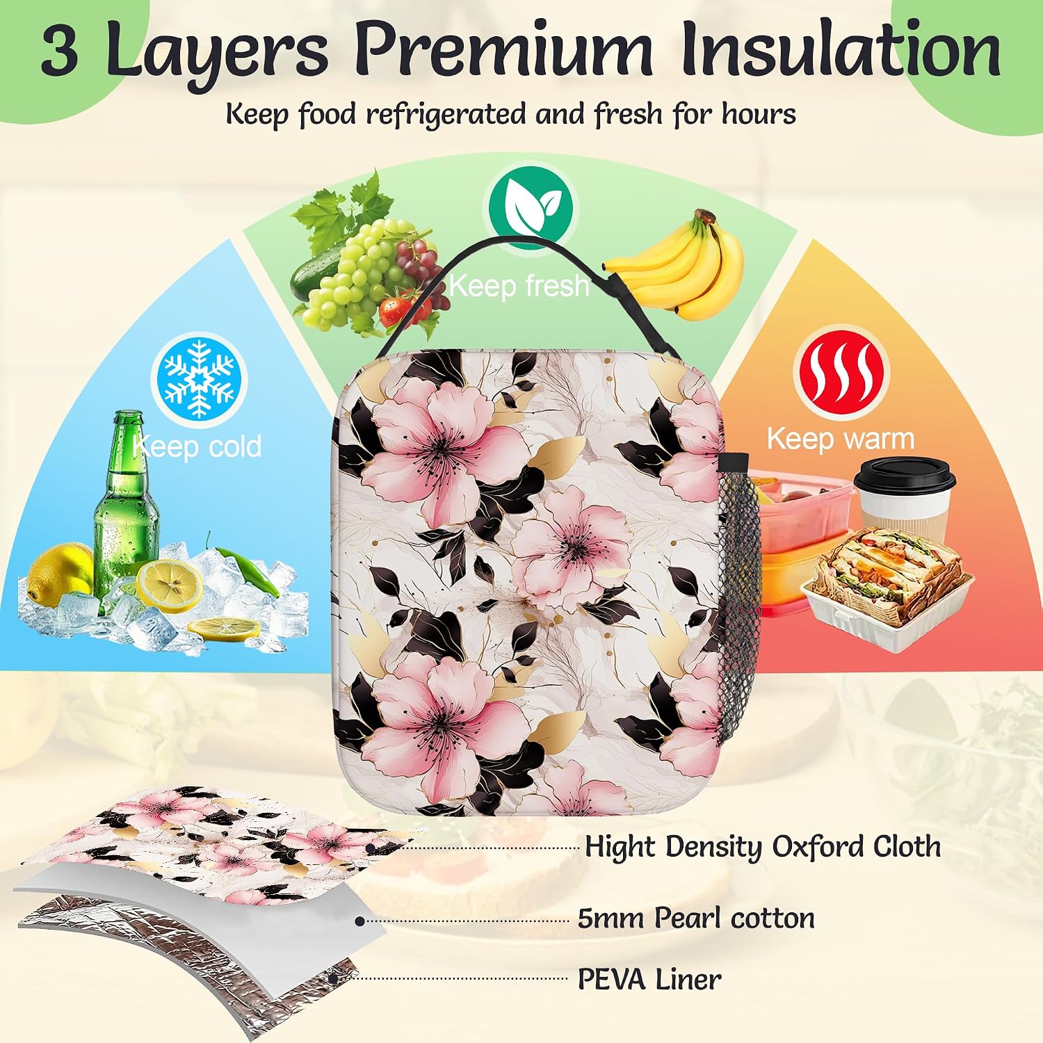 Insulated Lunch Bag,Pink Flowers Durable Lightweight Lunch Box for Kids,Gold Floral Portable Thermal Picnic Cool Bags Girls Boys School Daycare,Work,Camping image 3