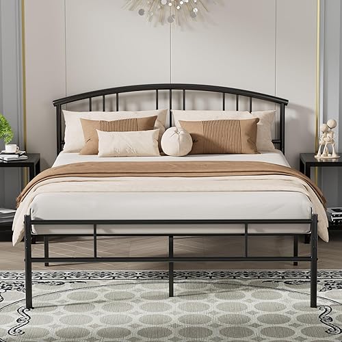 VECELO Base de cama matrimonial con cabecera y estribo base de colchón de plataforma metálica de 14 pulgadas listones de acero de alta calidad no