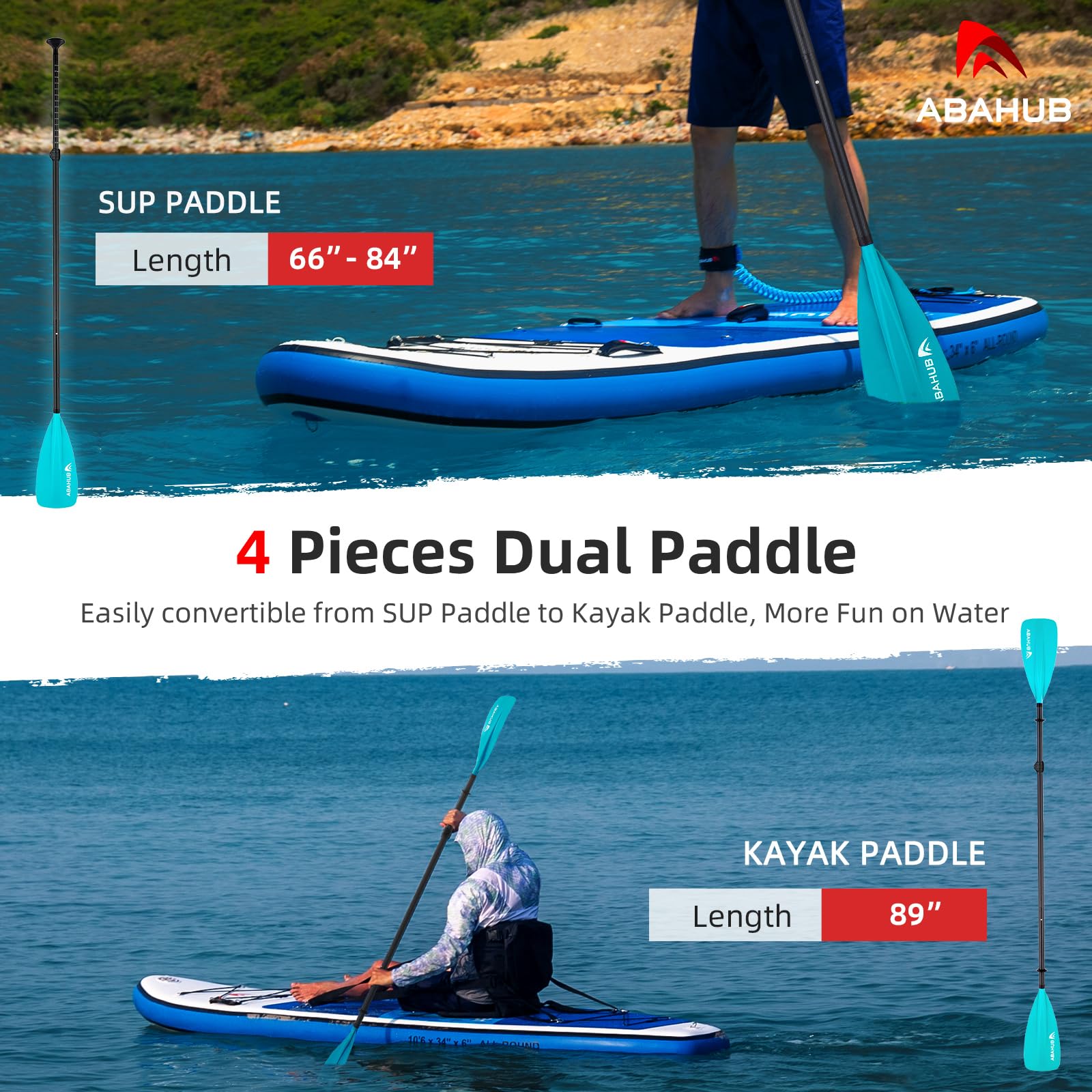 Abahub Pagaia SUP Kayak Carbonio 2 in 1 Pagaia Remi Regolabile Paddle Timone Leggero per Stand up Paddleboard, Albero in Carbonio Nero/Blu/Verde/Grigio/Arancione/Rossa in Plastica Nylon Lama