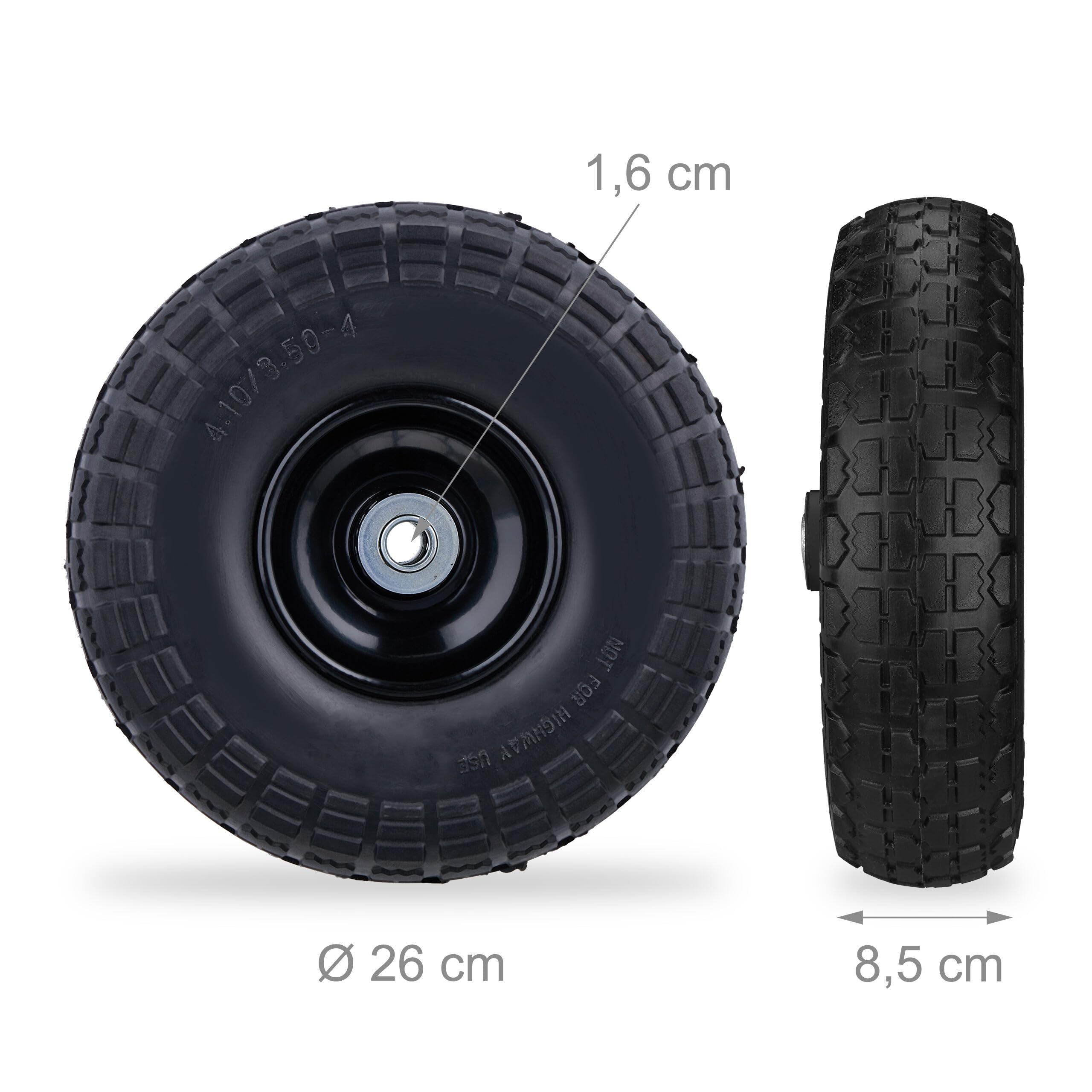 Relaxdays 4 Ruedas de Carro Antipinchazos, Macizas, 4.10/3.50-4", Llantas de Acero, 150 kg, 260x85mm, Negro